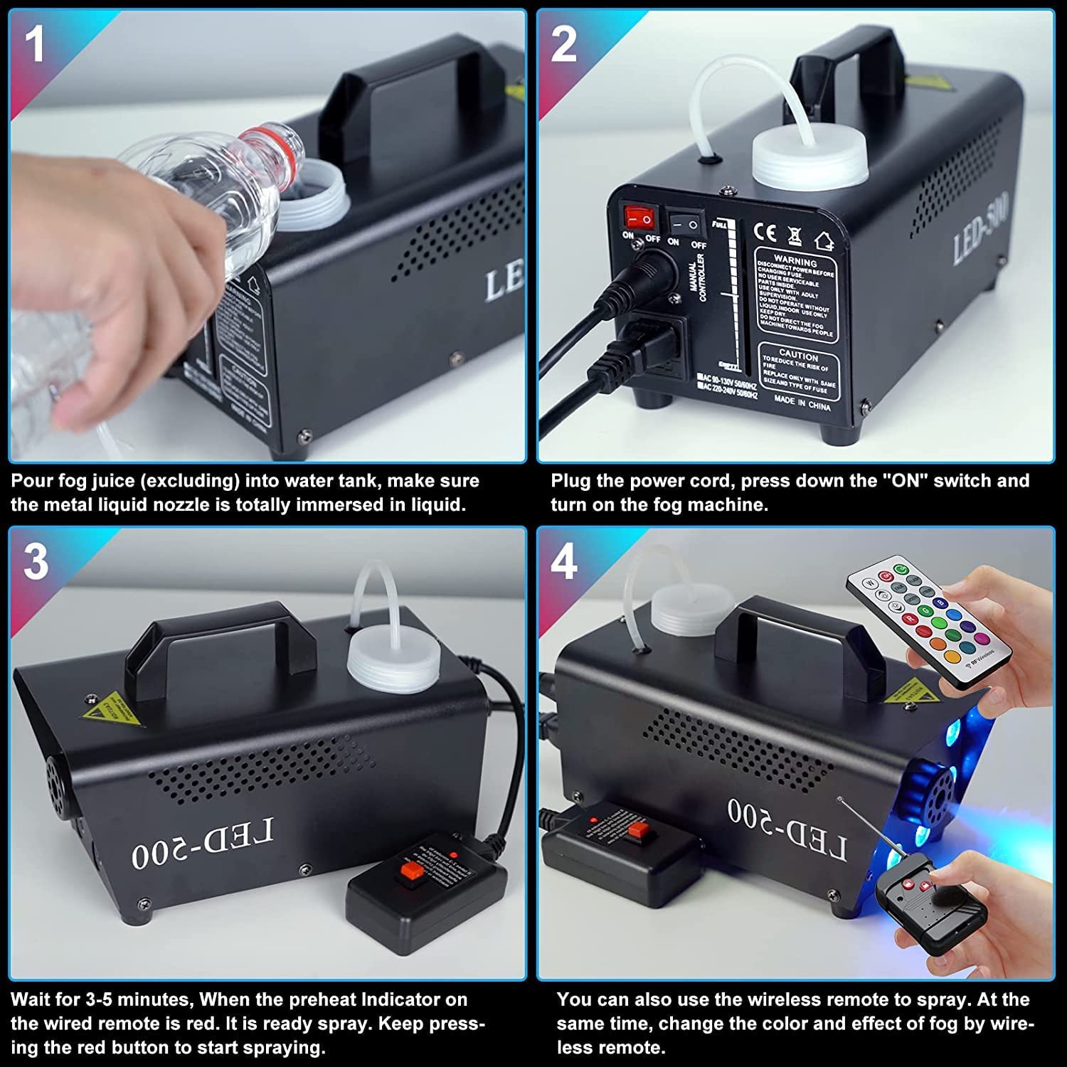 Fog Machine, Smoke Machine for Party, 500W With 13-Colors 8 LED Lights & Strobe Effect With Wireless Remote Control For Wedding Stage Halloween Fog Machine, Smoke Machine for Party, 500W With 13-Colors 8 LED Lights & Strobe Effect With Wireless Remote Control For Wedding Stage Halloween