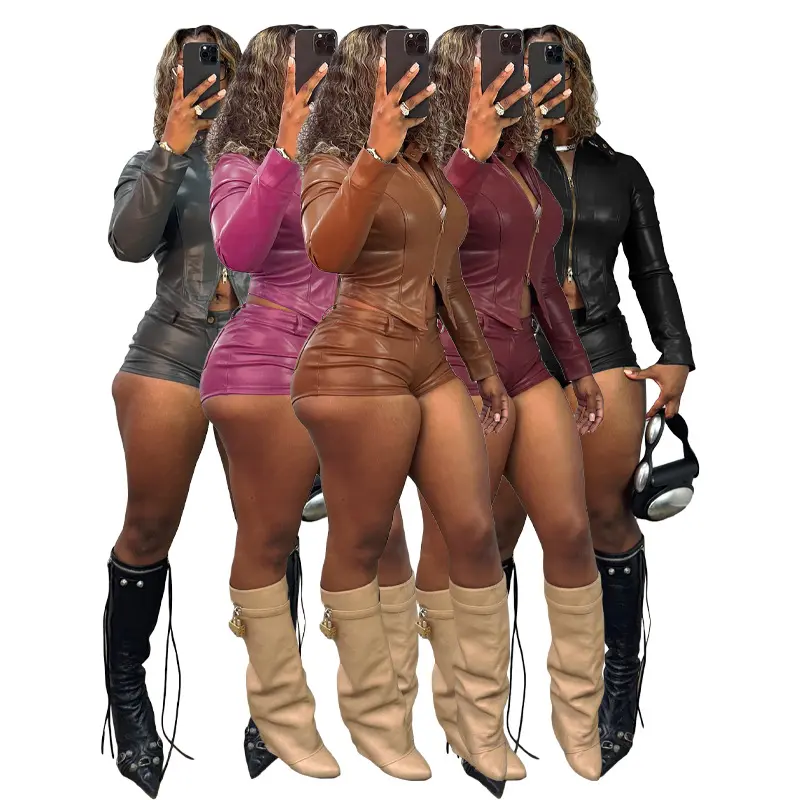 Women European Fashion 2 Piece Outfit Set, Faux Leather Stand Collar Double Zip Biker Long Sleeve Top & Shorts Matching Co Ord, Trendy Sexy Streetwear Moto Outfit, Stretchy Bodycon Suit For Ladies Night Club Dating Vacation Daily Going Out