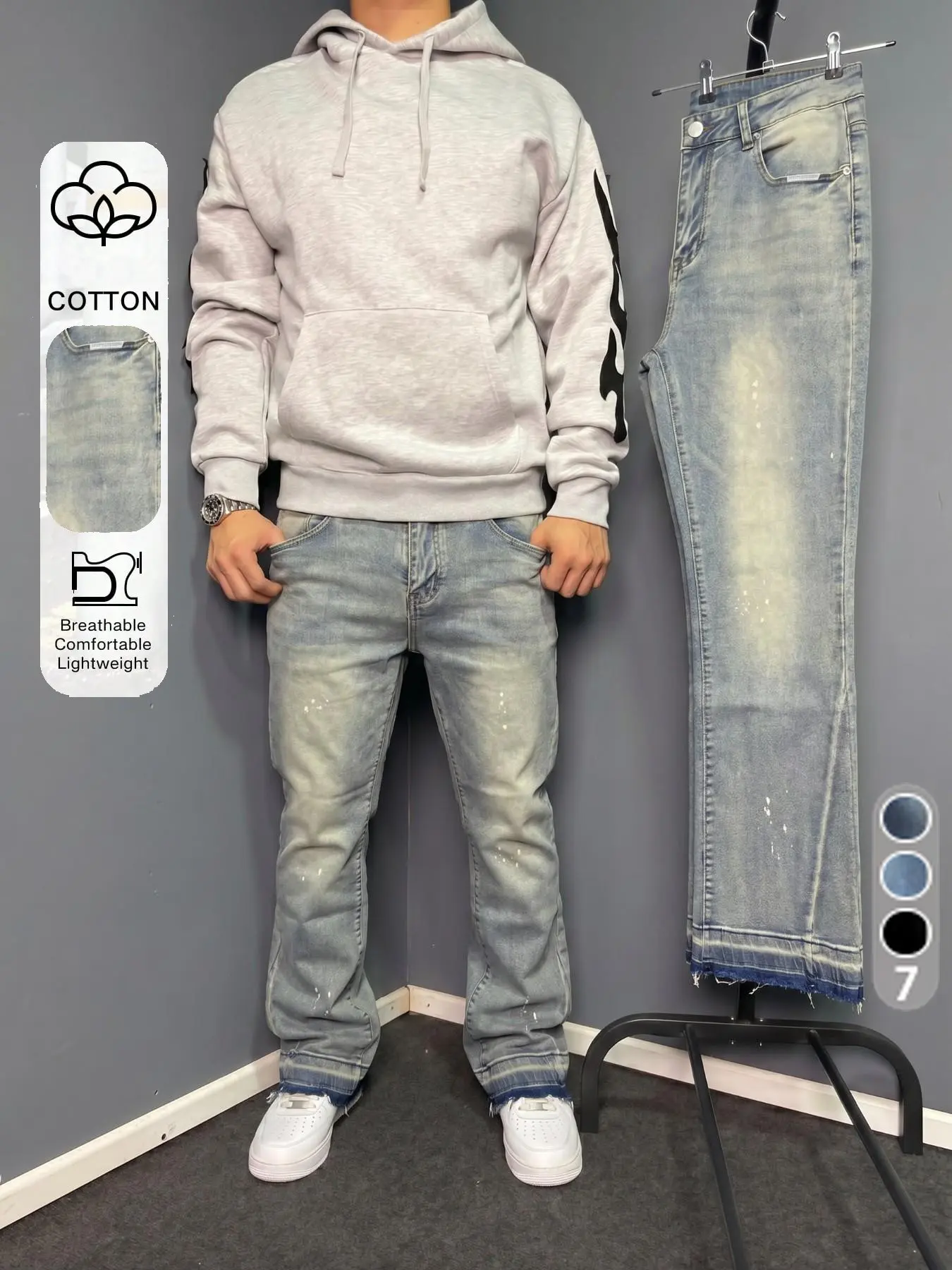 Men's Four-Season Gradient Cat Hair Ink Double-Layer Hem Slim Fit Stretch Micro Flare Jeans, American Y2K Retro Streetwear High Street Casual Long Pants