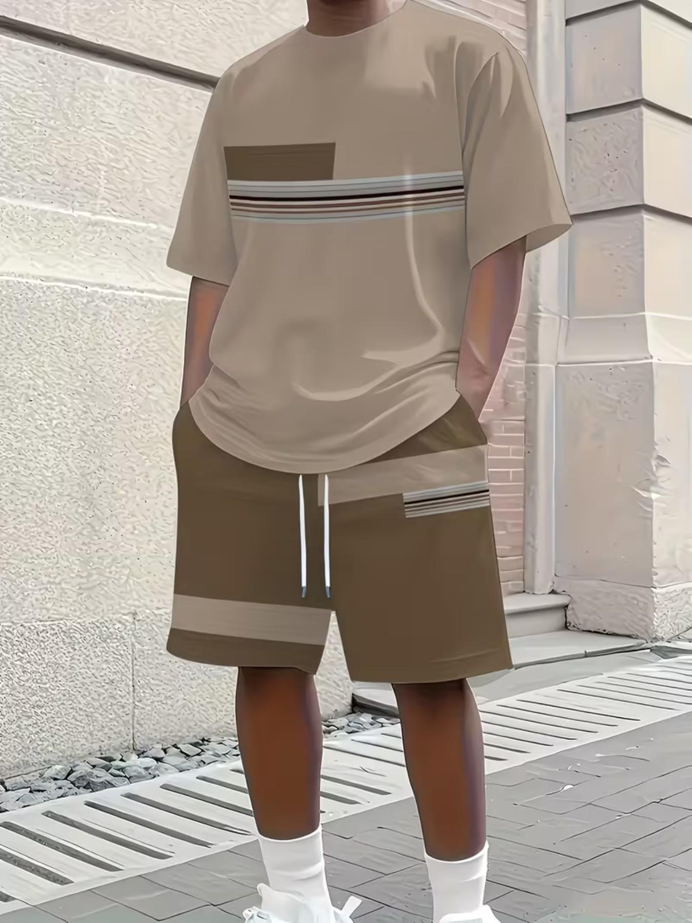 Men's Outdoor Set, Summer Fashion Short Sleeve Crew Neck Quick-Dry T-Shirt + Shorts, 3D Digital Print, Casual Fitness Wear, Gift Idea