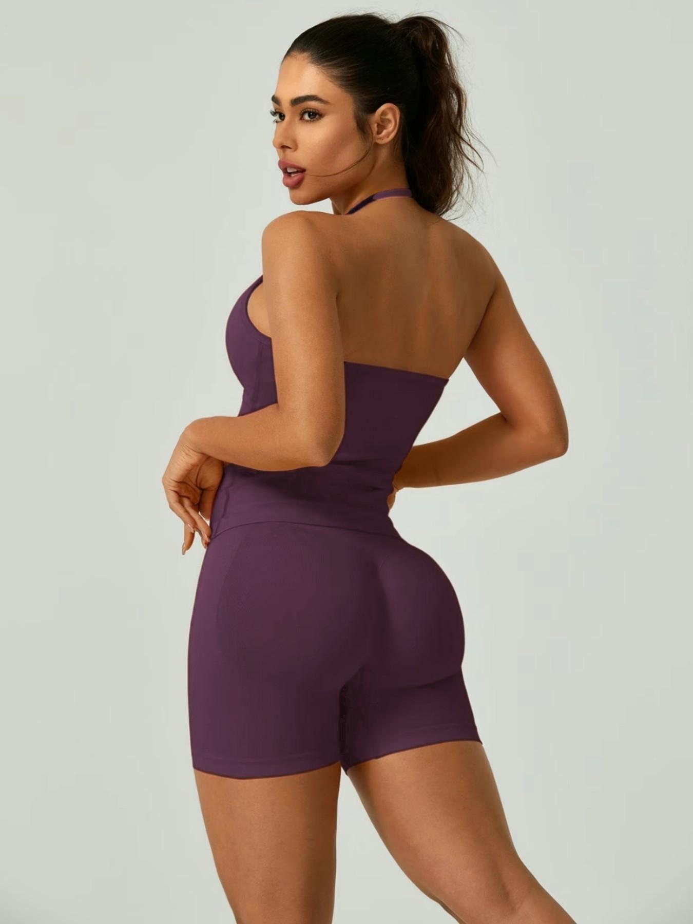 Bootie Lifting & Snatched Waist Yoga Set, Halter Ruched Top + High Waist Sculpting Shorts, Ideal for Gym, Yoga, Activewear, Gym Workout Set, High Stretch Sporty, Gym Clothes Workout