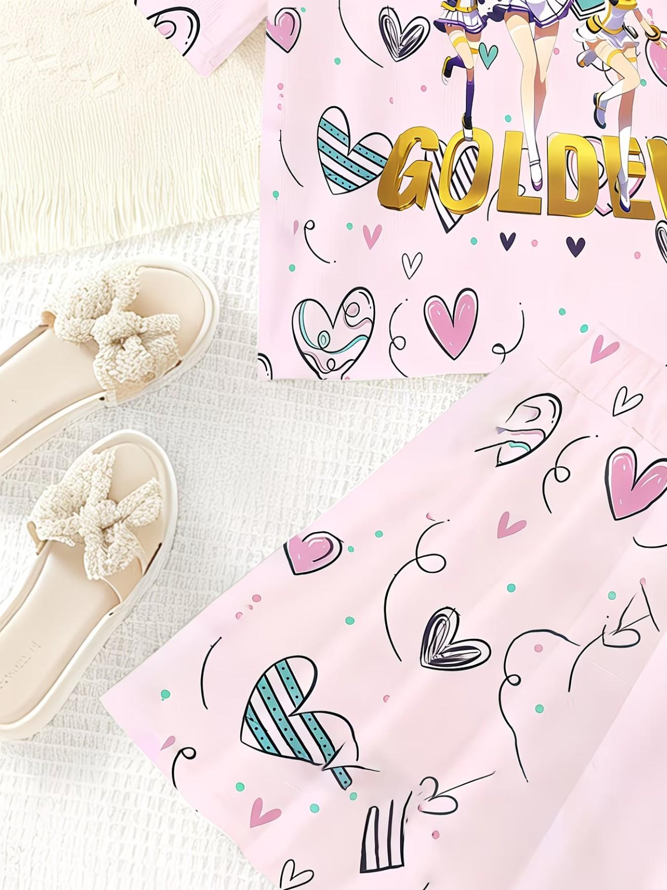 Girls' 3D Heart Print Cartoon Top and Skirt Set, Summer Casual, Slim-Fitting Round Neck Short Sleeve, Two-Piece Ensemble