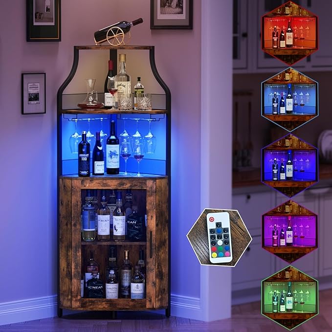 Corner Bar Cabinet with LED Lights, Wine Bar Cabinet with Adjustable Shelf and Glass Holder 5-Tiers Storage Space Corner Liquor Cabinet Industrial Liquor Cabinet for Small Space Corner Bar Cabinet with LED Lights, Wine Bar Cabinet with Adjustable Shelf and Glass Holder 5-Tiers Storage Space Corner Liquor Cabinet Industrial Liquor Cabinet for Small Space