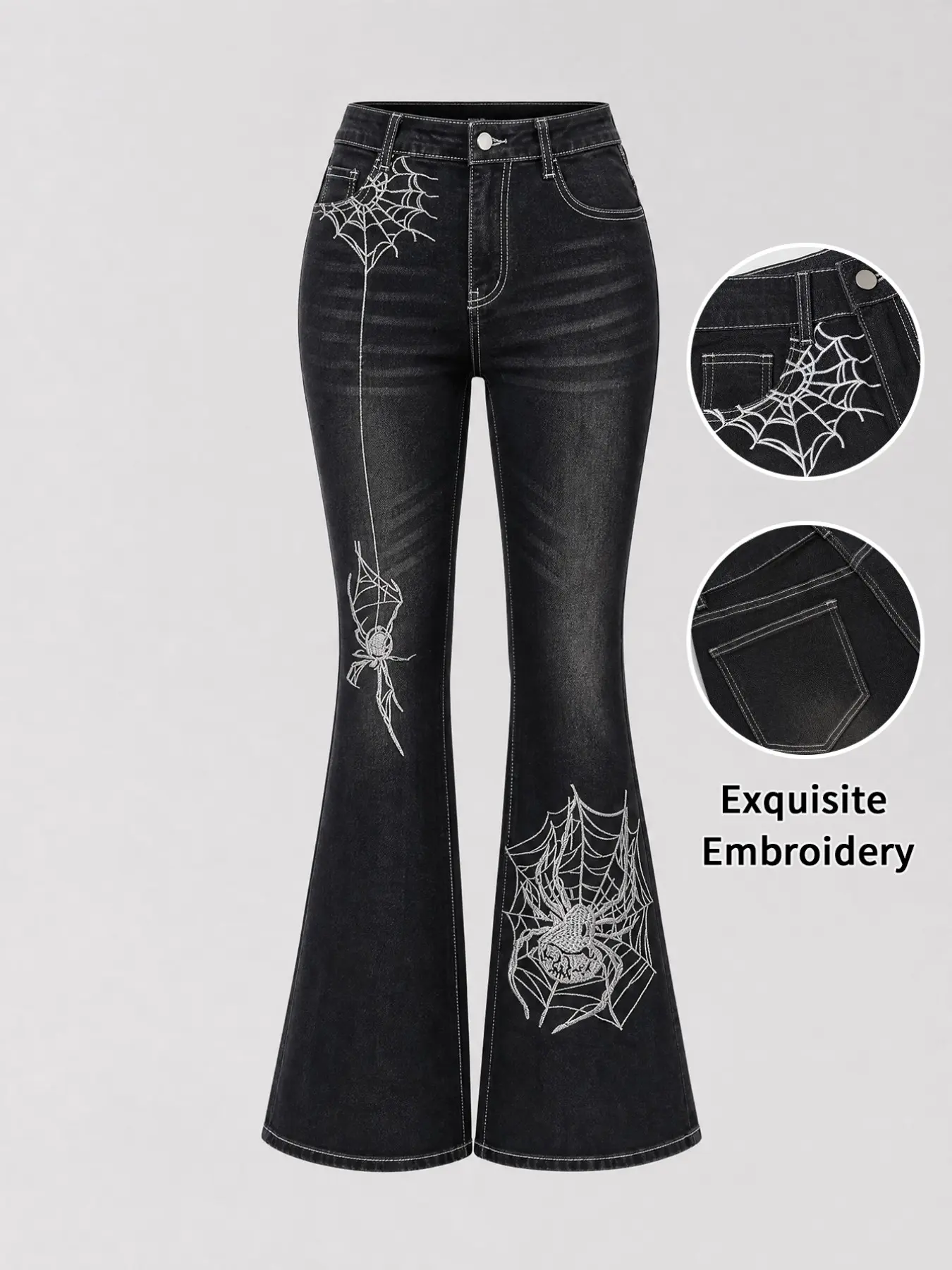 Women's High-Waisted Washed Spider Web Embroidered Flare Jeans, Gothic Y2K Street Style, Fitted Butt-Lifted Denim Jeans