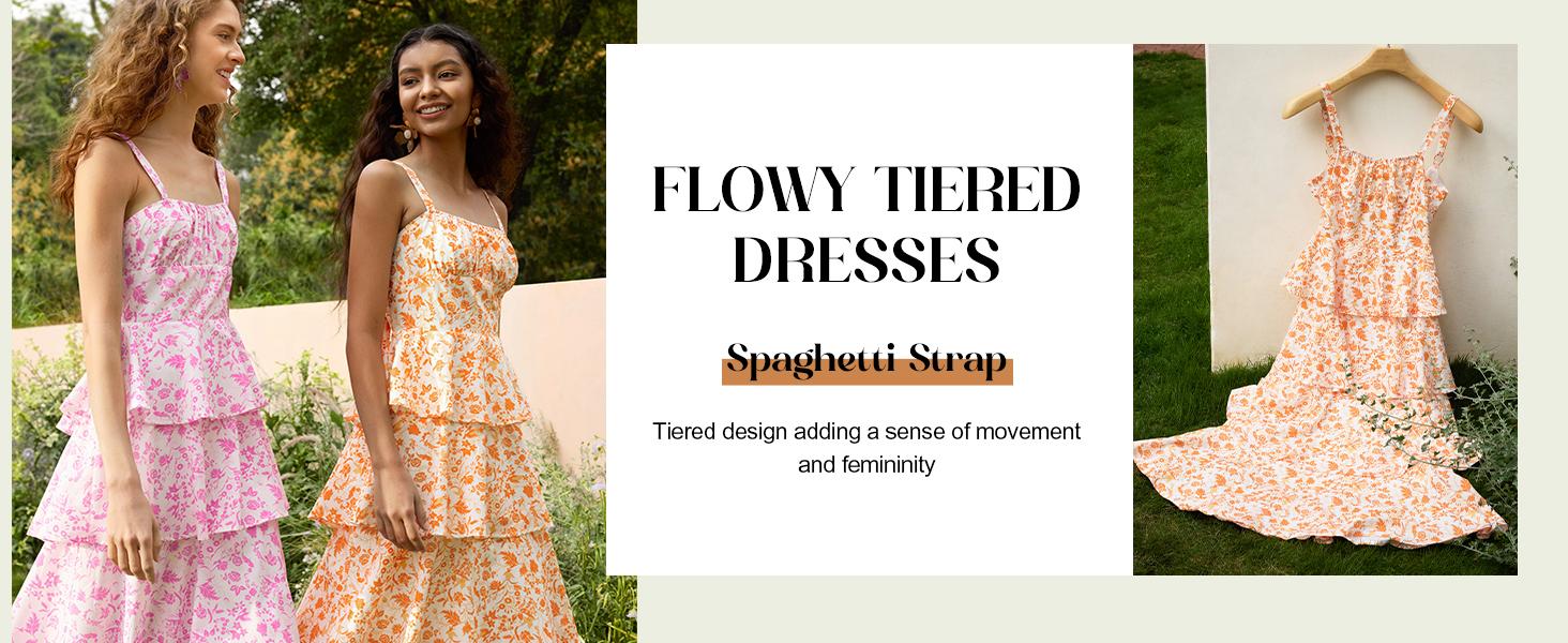 Wenrine Women's Summer Floral Maxi Dresses Sleeveless Spaghetti Strap Tie Back Ruffle Tiered Flowy Dresses