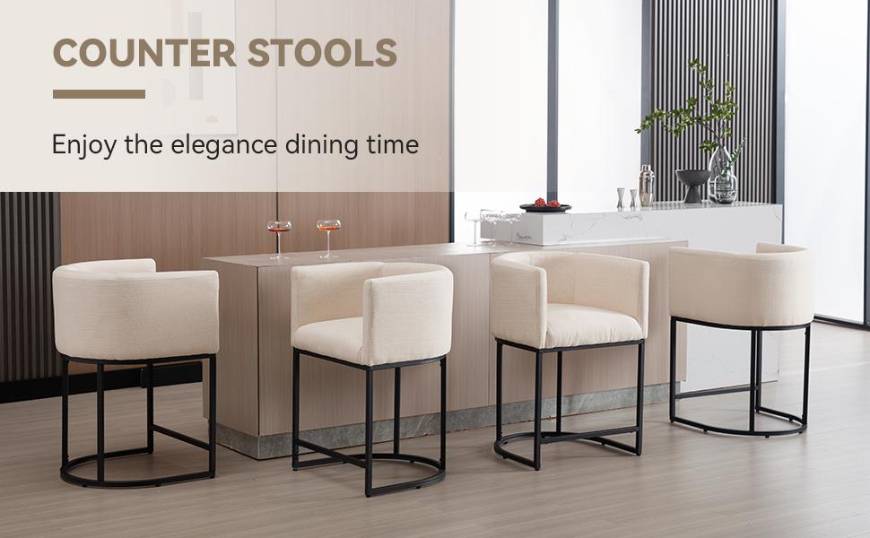 CHAIRUS  Counter Height Bar Stools, 24'' Modern Barrel Counter Height Stools, Linen Barstool with Backrest and Arms,Bar Chairs with Black Metal Frames and Footrest,Upholstered Accent Bar Stools for Kitchen Island, Dining Room,Cream