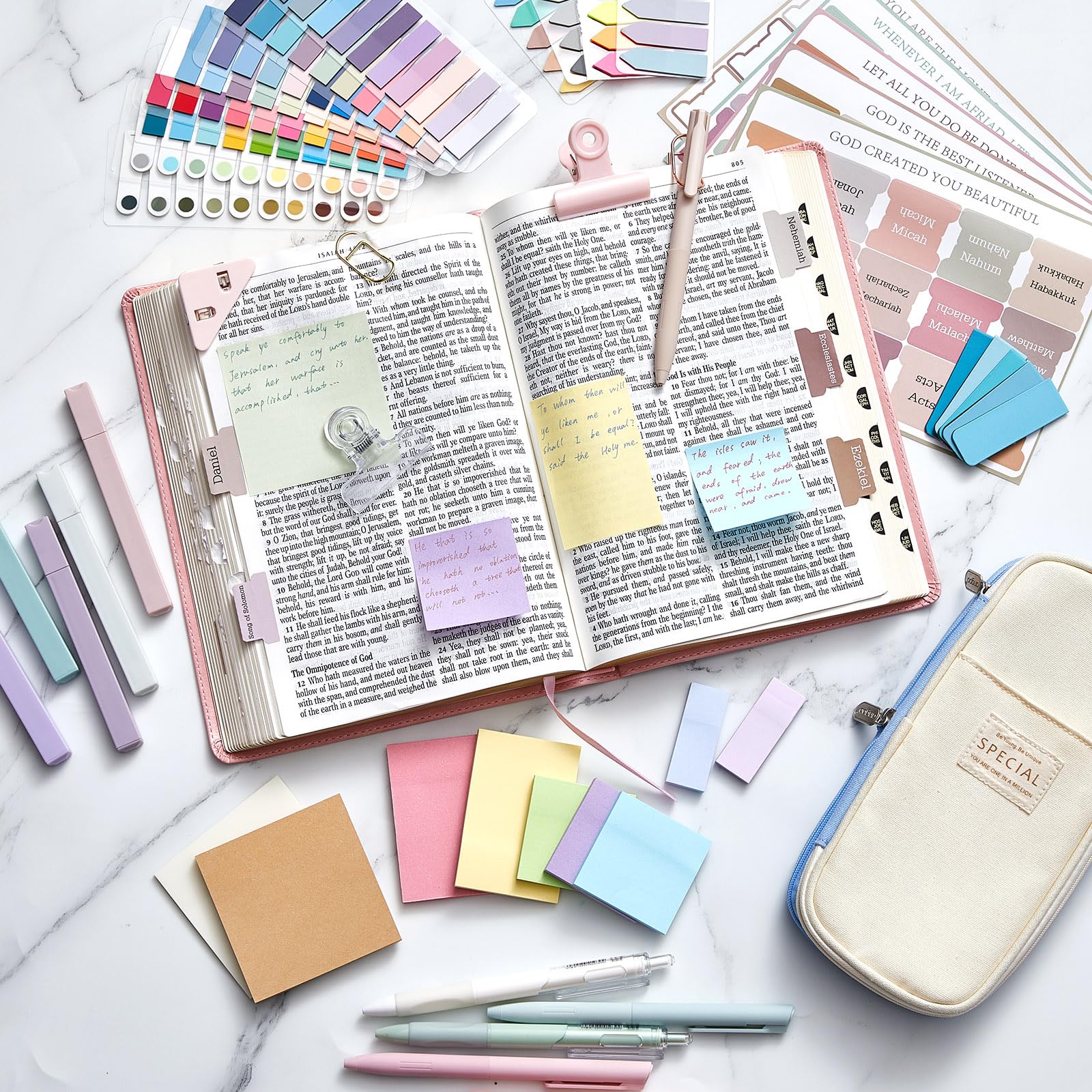 73pack Bible Journaling Kit for Christian with Pencil Case Highlighters Marker Gel Sticky Note Index Labels Pens Tabs Clips Aesthetic Annotation Kit for Bible Study, Bible Study Supplies School Stationery Easter Gift for Christian Women Teenagers Student