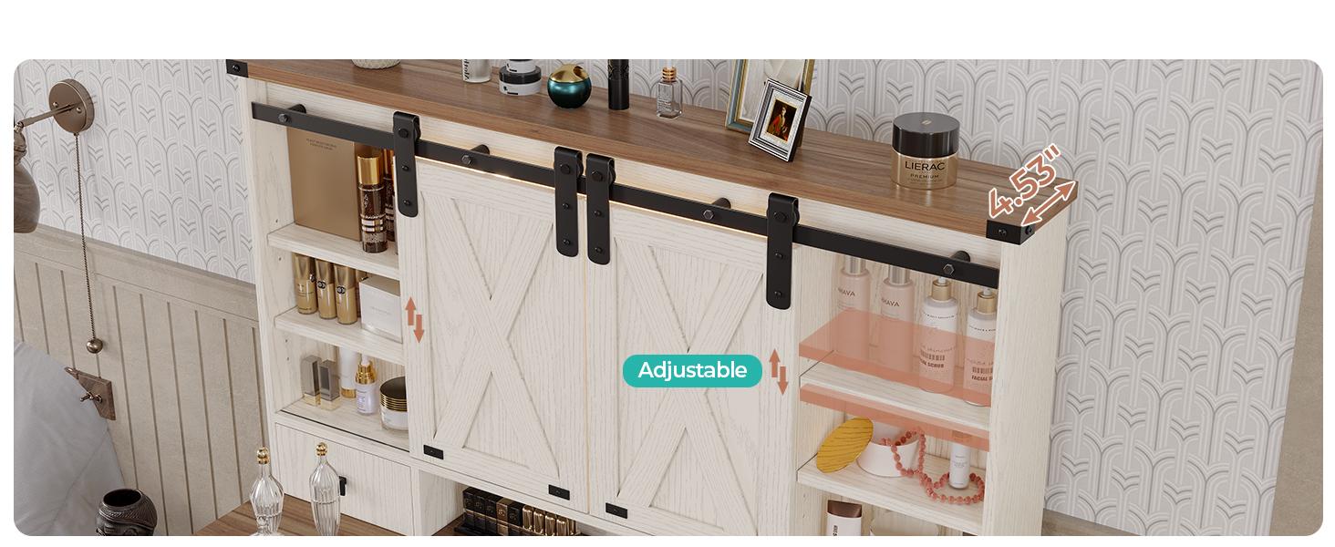 Sikaic Farmhouse Makeup Desk with Power Strips, Vanity Table with Sliding Barn Door and 5 Drawers, Dressing Table, White Furniture Organize Storage Bedroom