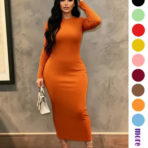 Women's Comfortable Elastic Pocket Round Neck Long Sleeve Dress, Breathable Multi-Color Party Casual Travel Plain Color Long Skirt, Fitted All Seasons