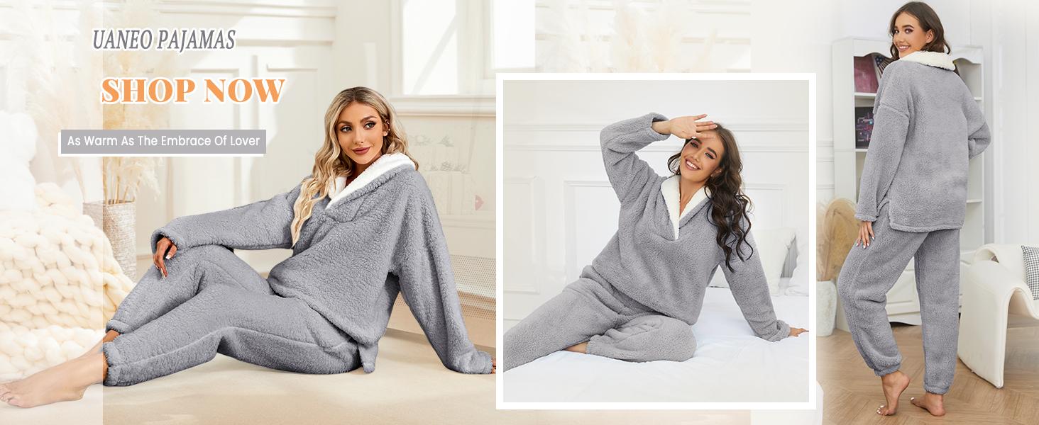 SCUSTY Christmas Suits Womens Fluffy Pajamas Set Soft Fleece Pullover Pants Loose Plush Sleepwear Loungewear Set