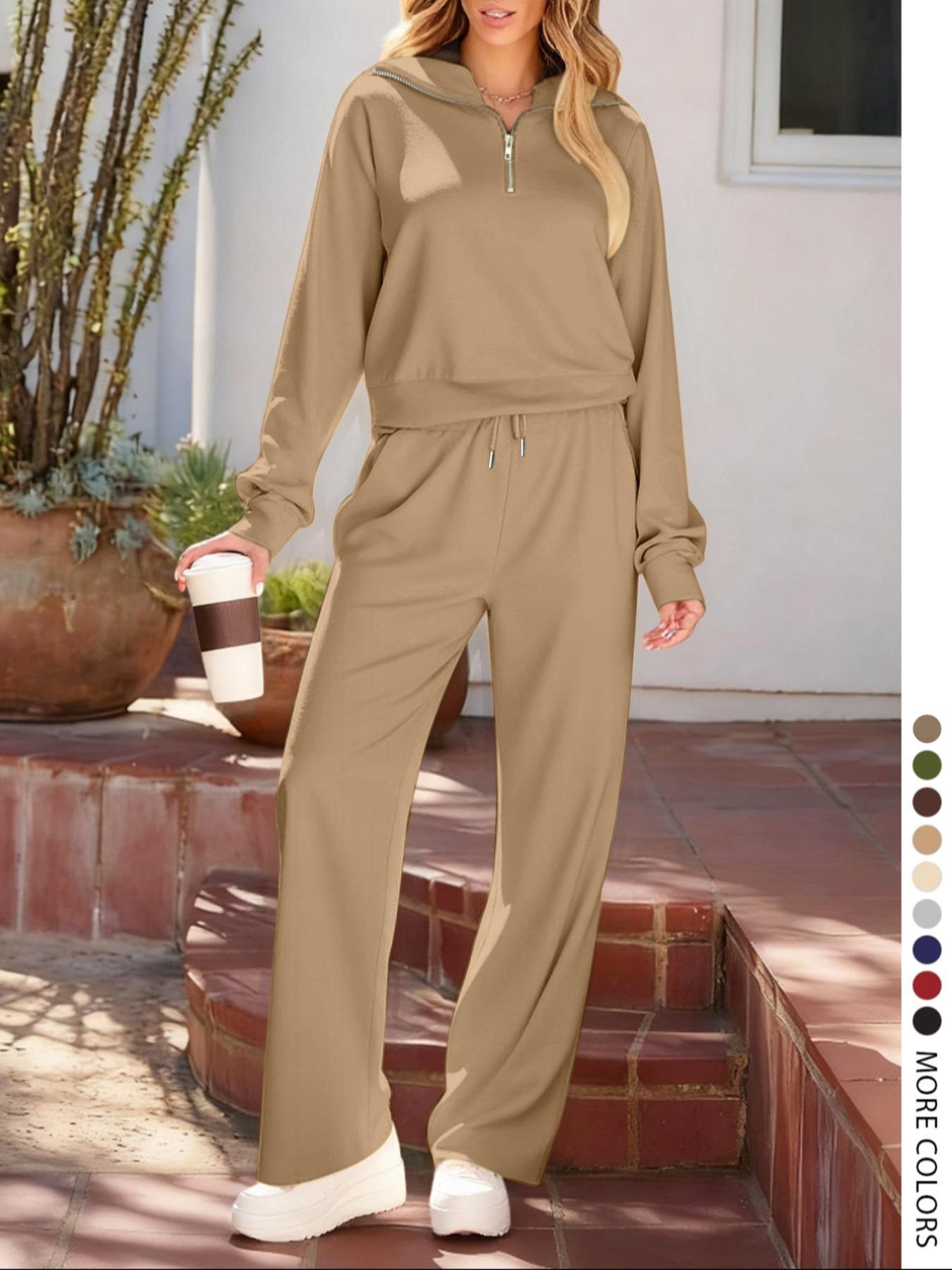 Pure Color Half-Zip Shoulder Pad Sporty Top Long Pants Set, Casual Loose-Fitting Short Upper Long Lower, Perfect for Spring Summer, Sporty Style Clothes, Athleisure Wear Set, Sweatsuit Set