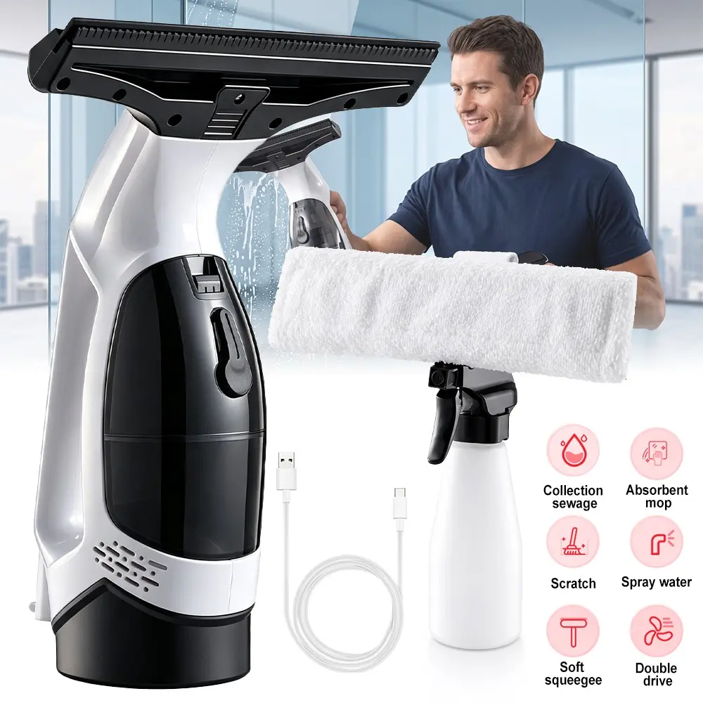 3-in-1 Cordless Window Vacuum Squeegee - Rechargeable Electric Cleaner with 11" Width, 2200Pa Streak-Free Suction, 150ml Detachable Tank, Spray & Vac Function, IPX4 Waterproof, Microfiber Pad for Glass, Shower Doors