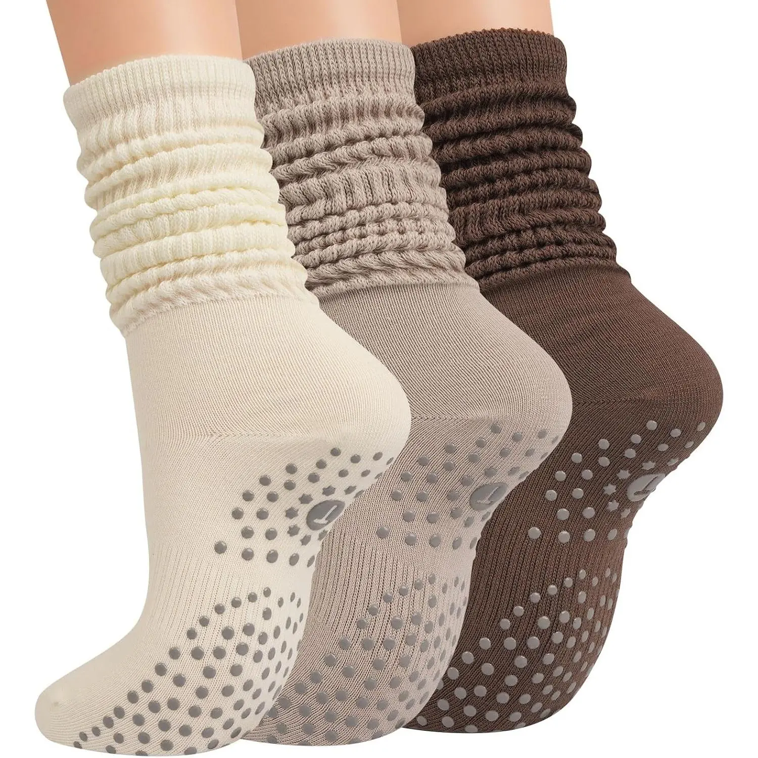 Grip Pilates Socks for Women, Yoga Slouch Socks with Grip for Barre Workout Hospital Long Scrunch Slipper Socks