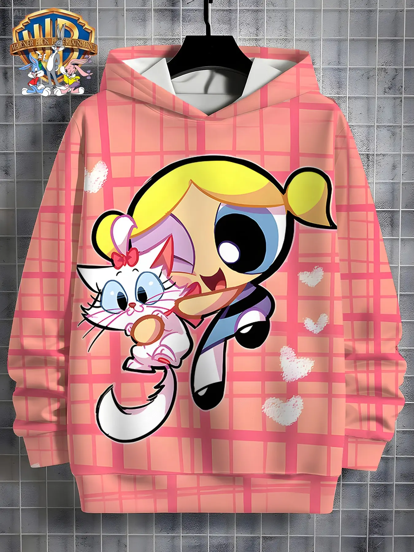Wb Official the Powerpuff Girls Bubbles Cat Pattern Kids Hoodie, Cute Casual Loose-Fit Fall Winter Top, Girl School