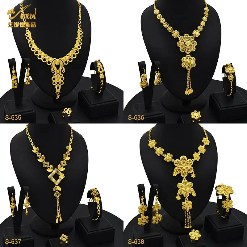 ANIID Dubai Nigeria Bridal Long Tassel Gold Color Necklace Sets  Party For Moroccan Lady Flower Wedding 4Pcs Engagement Jewelry