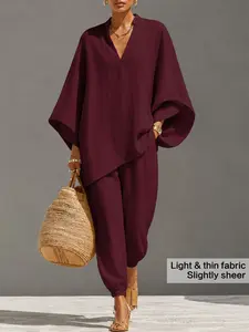 Chic Vacation Two-Piece Linen Set, Oversized Split Neck Top, Ruched Ankle Pants, Casual Summer Island for Coastal Resorts & Errands, Clothes