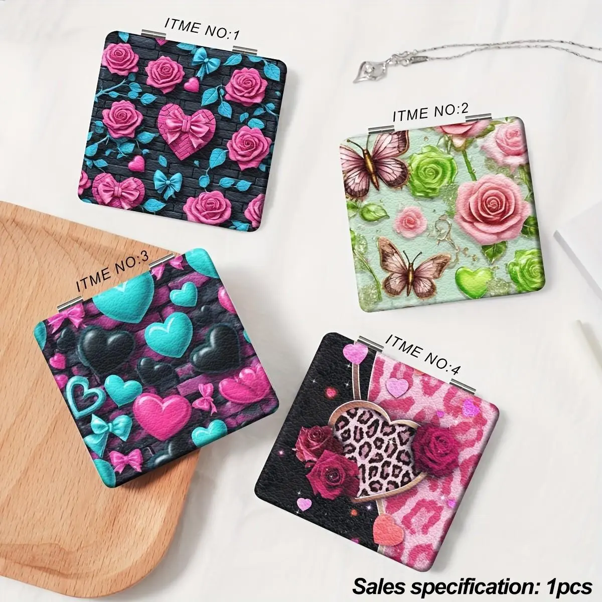 Gothic Rose Heart Butterfly Print Compact Mirror, Double Sided Foldable Pocket Makeup Mirror, Leopard Pattern Portable Travel Cosmetic Mirror, Gift for Women Girls