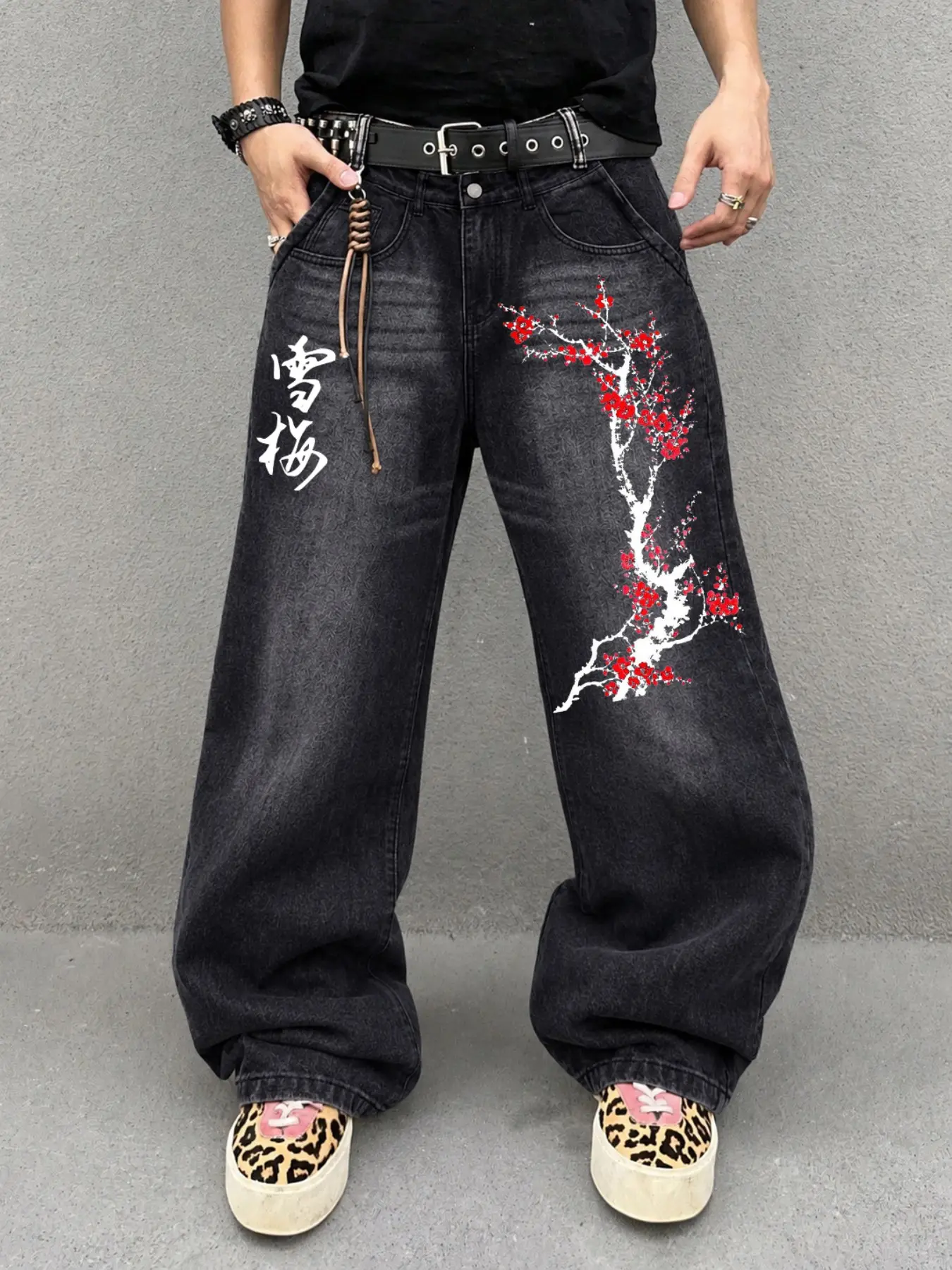 Men's Washed Black Cherry Blossom Jeans, Baggy Wide Leg Denim Pants with Floral Print, Printed Pants, Loose Streetwear Trousers