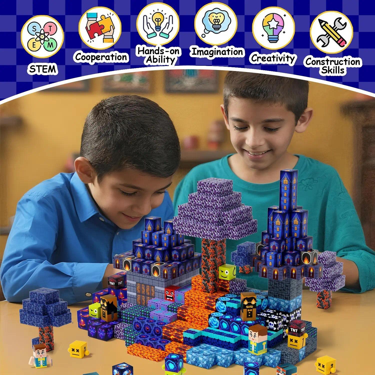 Light Up Magnetic Cubes Building Blocks Set,100/150/200PCS LED Glow Magnetic Construction Tiles,Blue Castle Creative Educational Toys,STEM Montessori Sensory Play Toys,Develop Spatial Thinking Fine Motor Skills,Ideal Party Holiday Preschool Learning Gift