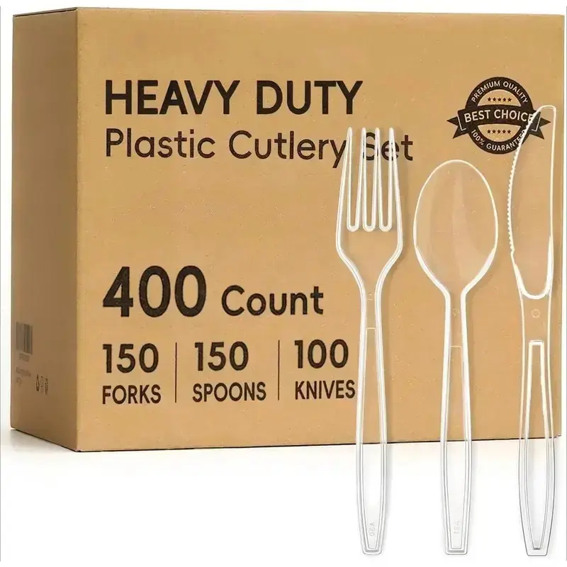 400 Count Heavy Duty Plastic Silverware, BPA-Free, Clear Plastic Cutlery Set, Premium Disposable Utensils for Party Everyday Use, 150 Forks, 150 Spoons and 100 Knives