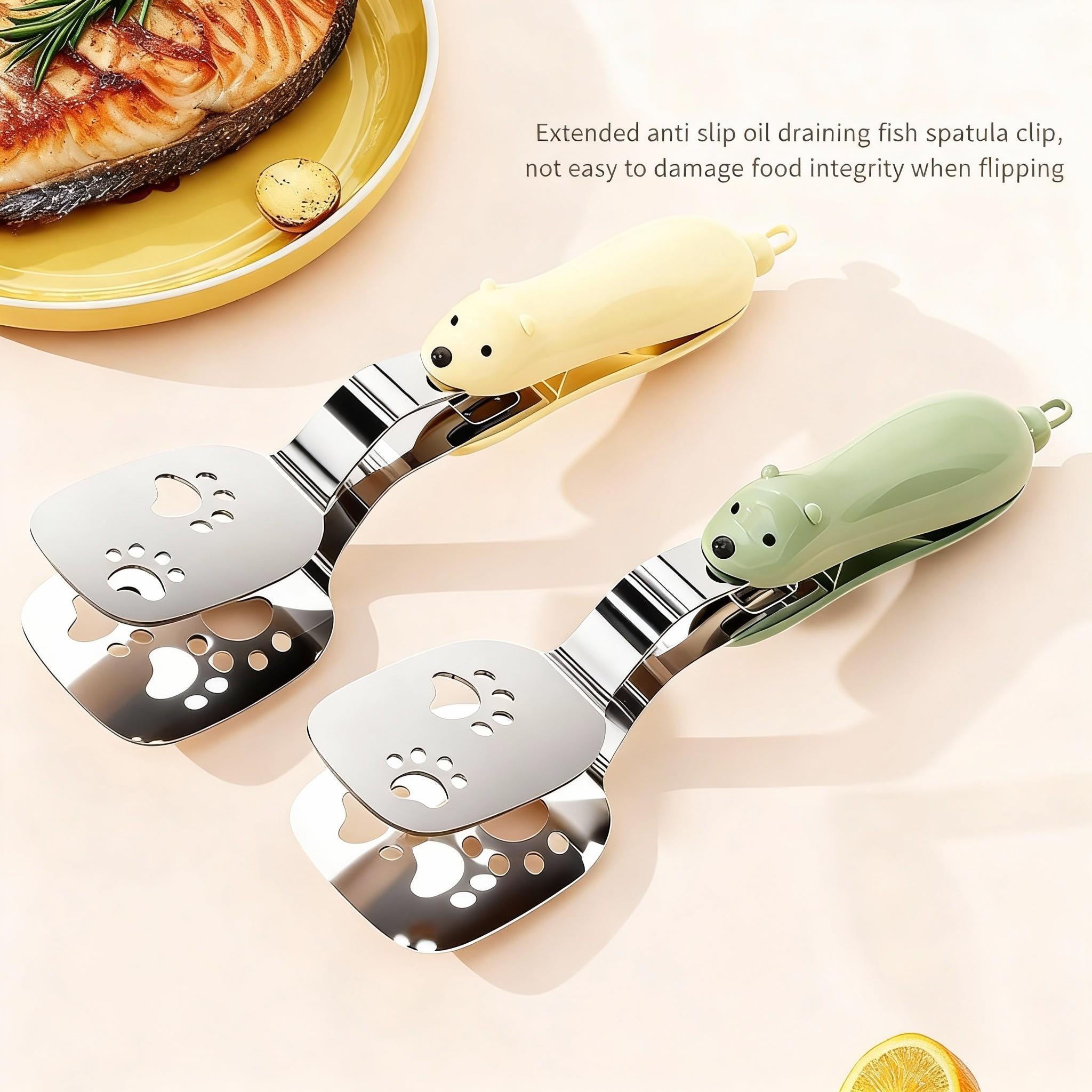 Stainless Steel Fish Fryer Spatula & Food Clip Set, Non-Slip Extended Oil-Drip Design, Heat-Resistant Handle, Ideal Kitchen Tool, Kitchen Utensils Gadgets