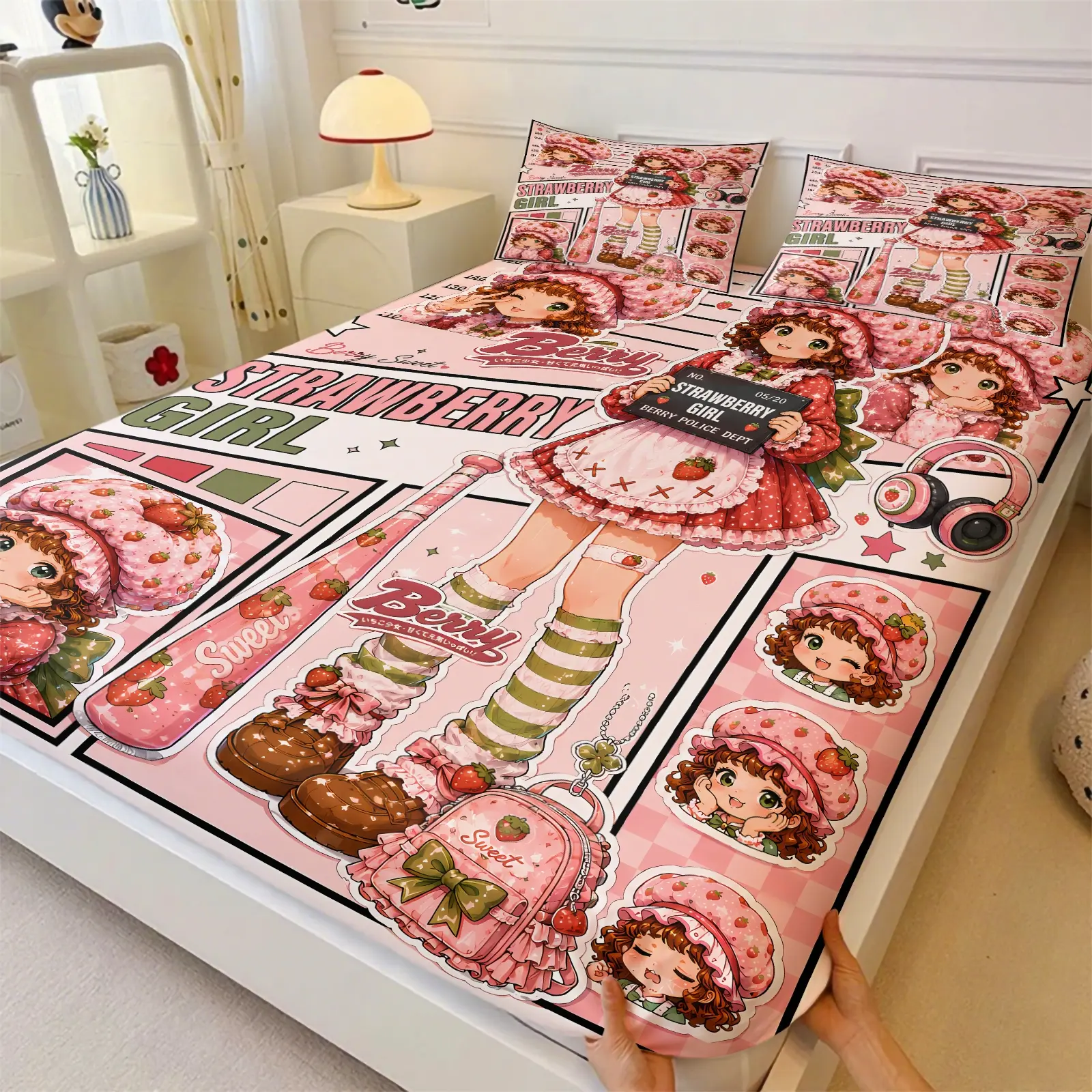 Sweet Pink Berry Cartoon Girl Print Fitted Sheet Set, 1 Fitted Sheet & 2 Pillowcases, Comic Panel Print Deep Pocket Elastic Non Slip Mattress Cover, Soft Microfiber Bedding Set, Kawaii Girls Bedroom Dorm Kids Room Home Decor Gift Bed Sheet Sets