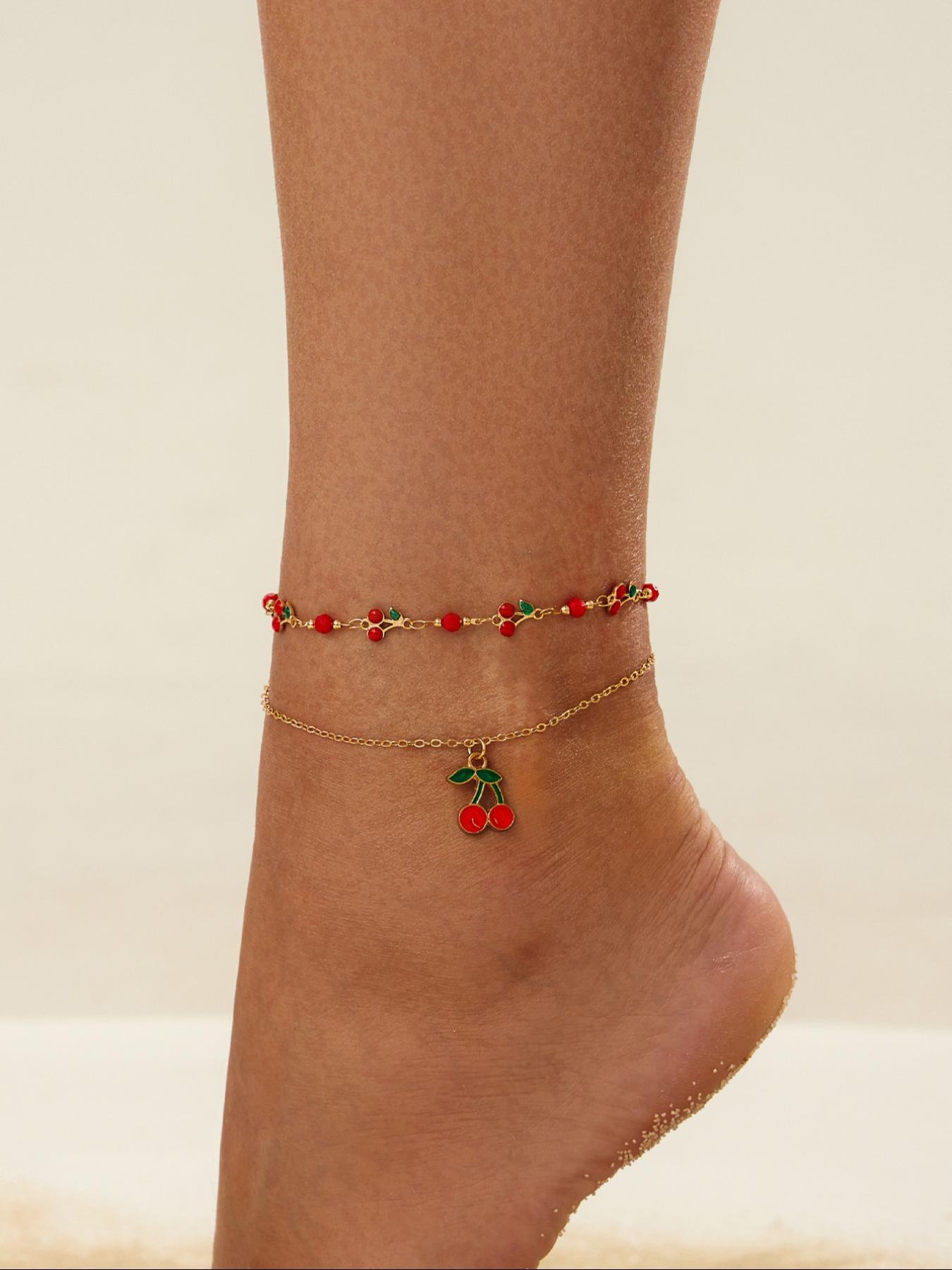 Beaded Multi-Layer Anklet Set, Cherry Design, Cute Style, Zinc Alloy Material, Spring Summer Fashion Accessory