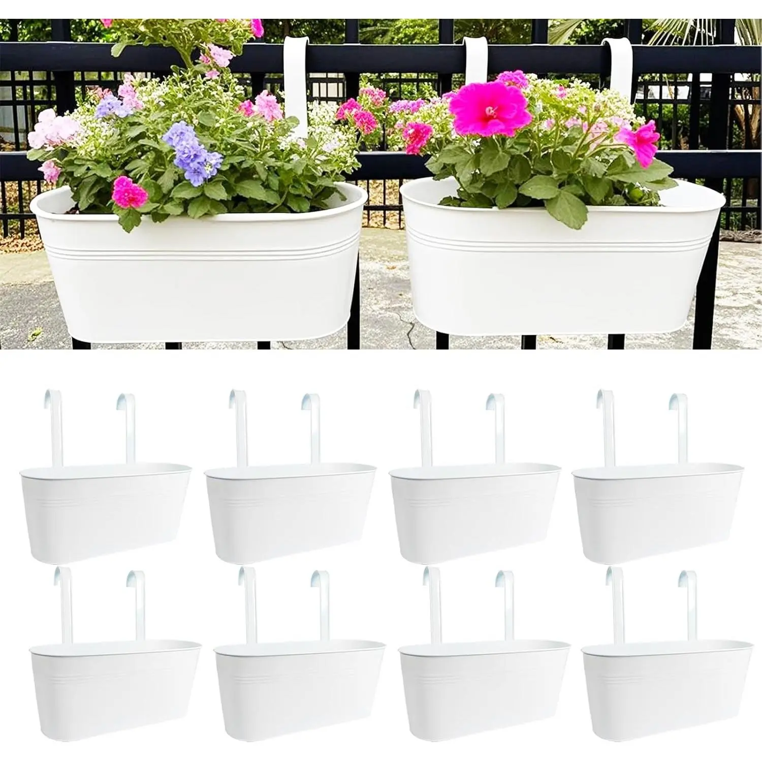Hanging Planters for Outdoor Plants, 17" Railing Planter Pots, Metal Fence Flower Pot for Porch Balcony with Detachable Hook (White, Pack of 8)