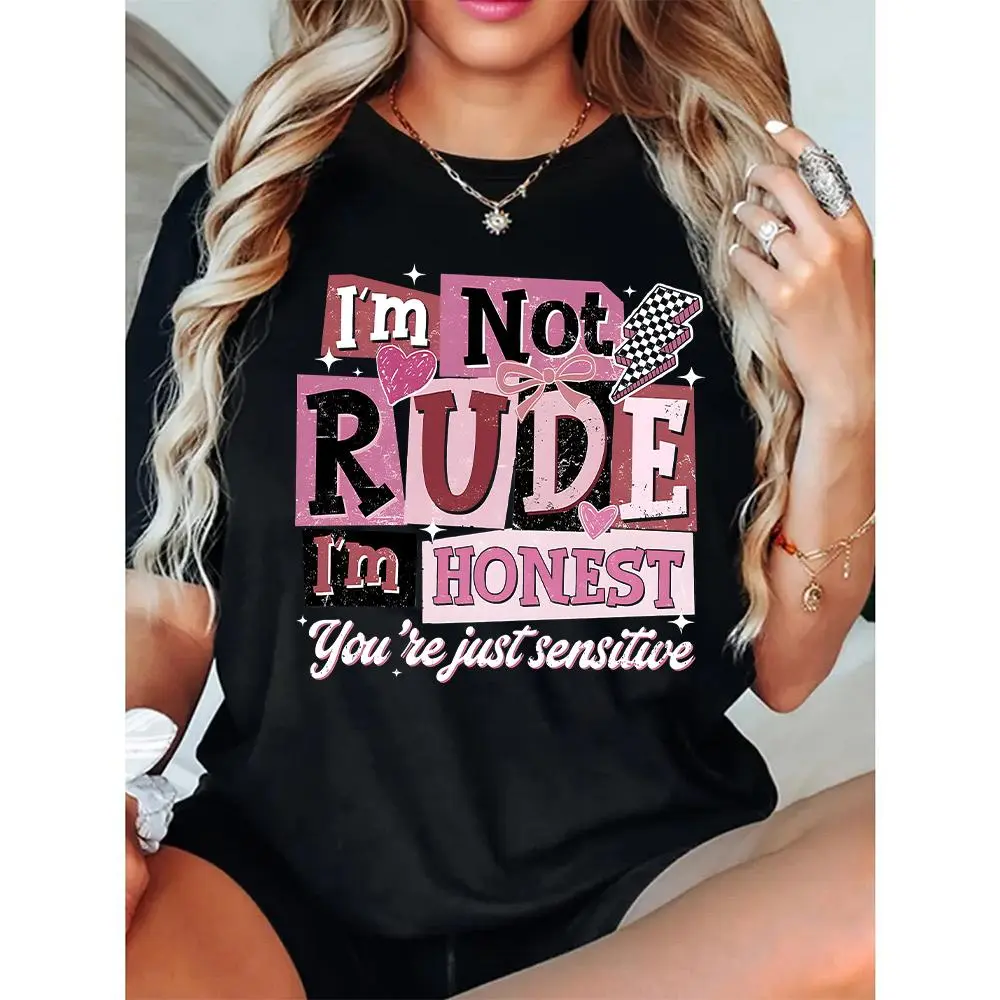 Women's Vintage Graphic T-Shirt with "I'm Not Rude, I'm Honest" Slogan, Casual Short Sleeve Loose Fit Cotton Tops, Seamless, Fabric, Solid, Elastic, Ribbed, Round Neck, Women's Graphic Tees, Tshirt, Shirts For Women Womenswear Smooth Knit Traditional