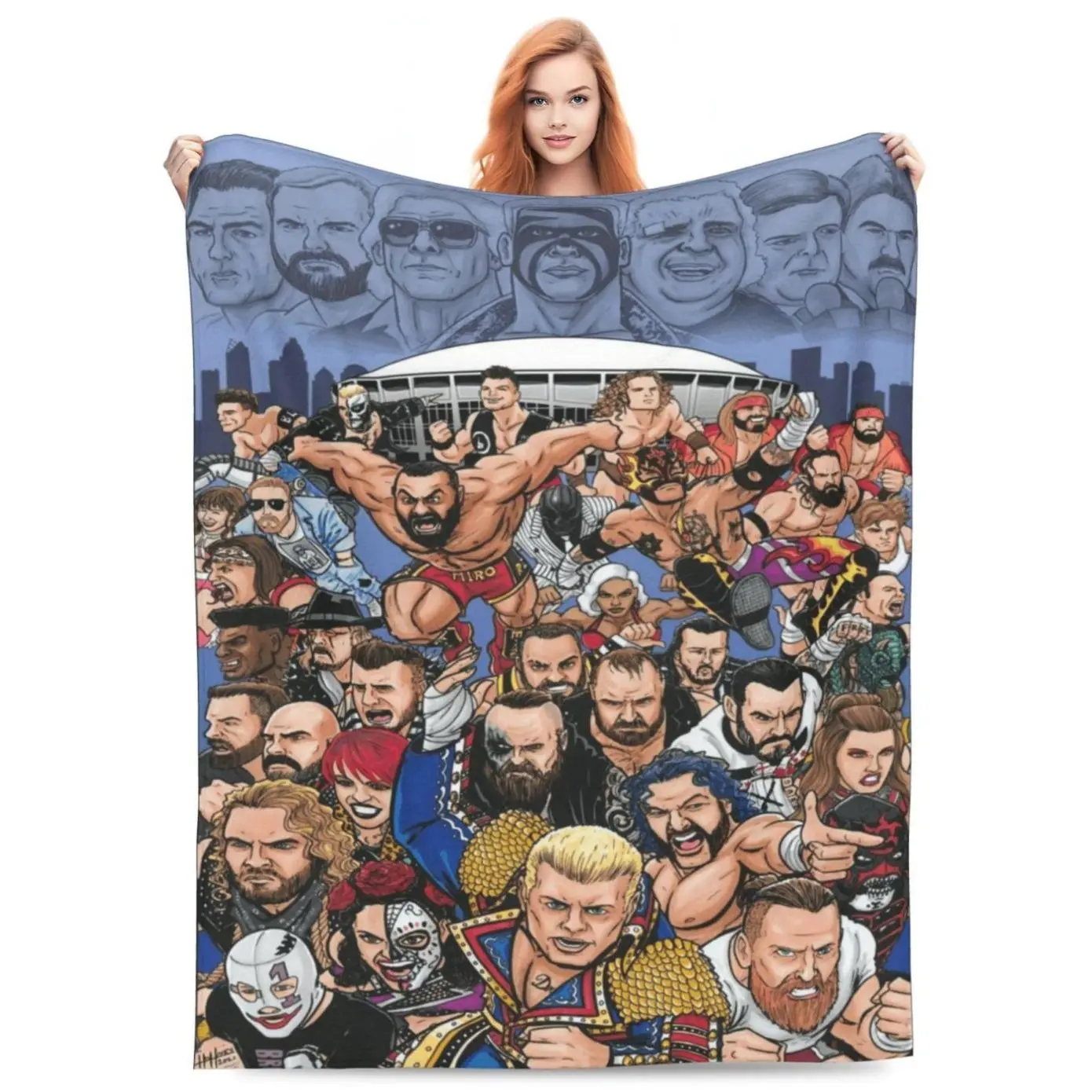 WrestleMania Legends Anime Style Polyester Flannel Blanket - Soft, Warm, Wrinkle-Resistant Wrestling-Themed Throw for Couch, Camping - All-Seasons Skin-Friendly Gift for Wrestling Fans (Vintage Retro Design) for Christmas, Thanksgiving