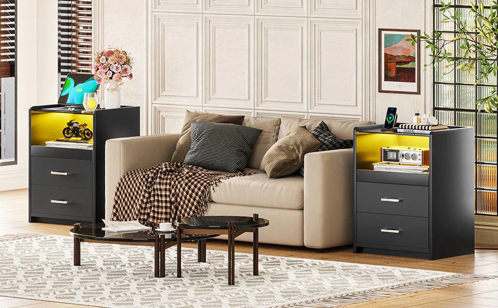 Sikaic LED Nightstand With Charging Station Drawers Furniture Bedroom Home Modern Design Bedside Table