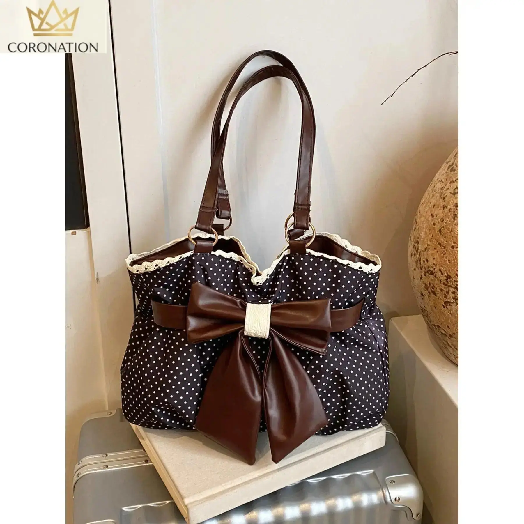 Women's Vintage Polka Dot Outdoor Tote Bag - Aesthetic Coquette Bow Shoulder Purse with Lace Trim, Textured Design, Large Capacity, Lightweight Cottagecore Carryall for Daily Outfits, Travel, Outfits For Women, Bags For Everyday, Everyday Bags
