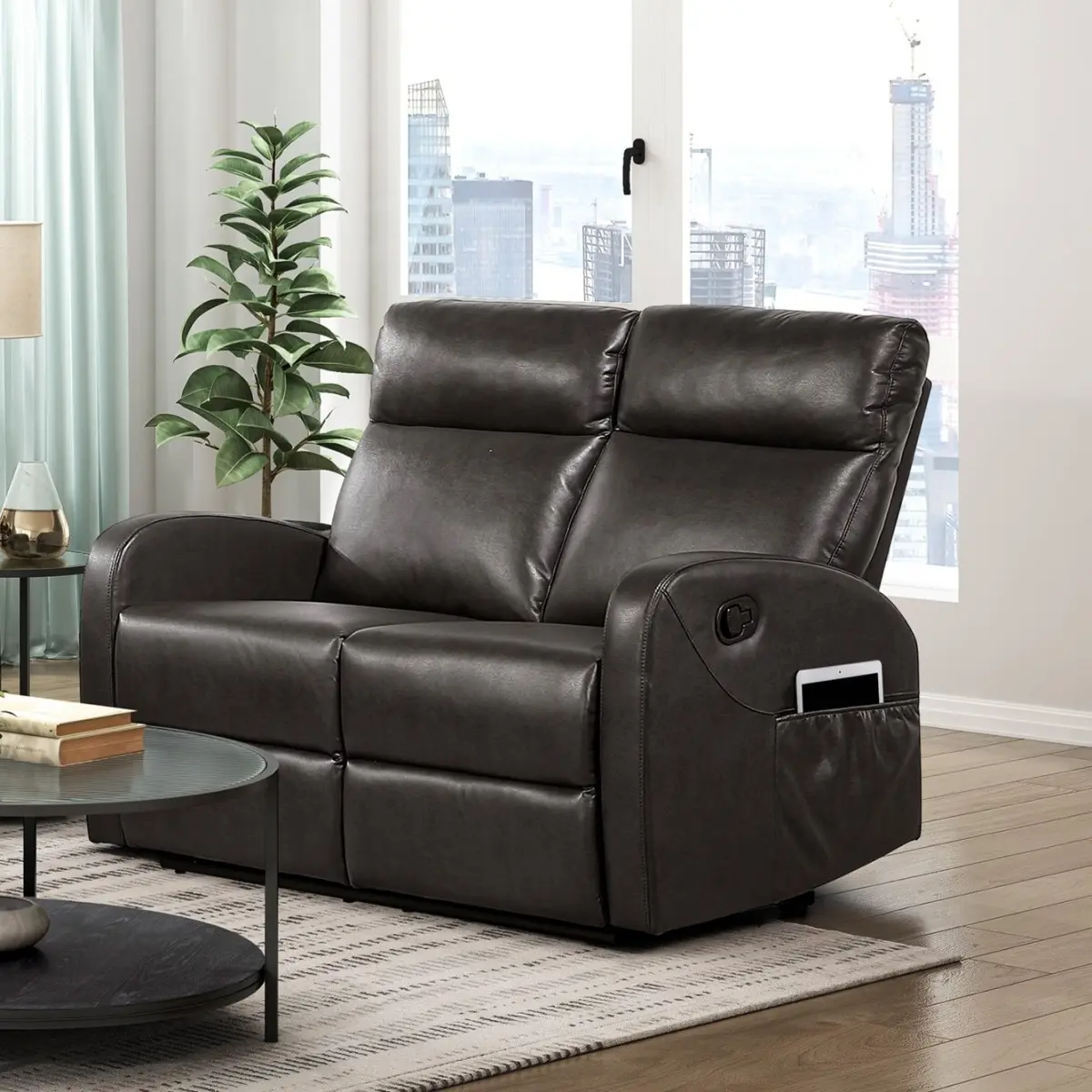 Double Reclining Loveseat with Side Pocket Espresso Faux Leather Plush Foam Comfort Modern Wall-Hugger Design Living Room Furniture 1pc