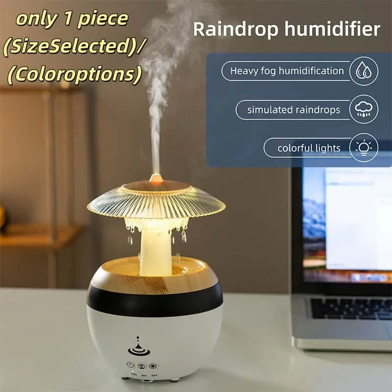 Raindrop Humidifier with Simulated Rain & Colorful Lights, 300ML Cool Mist, 4h/8h Timer, Fast Humidifying Air Diffuser for Bedroom Office