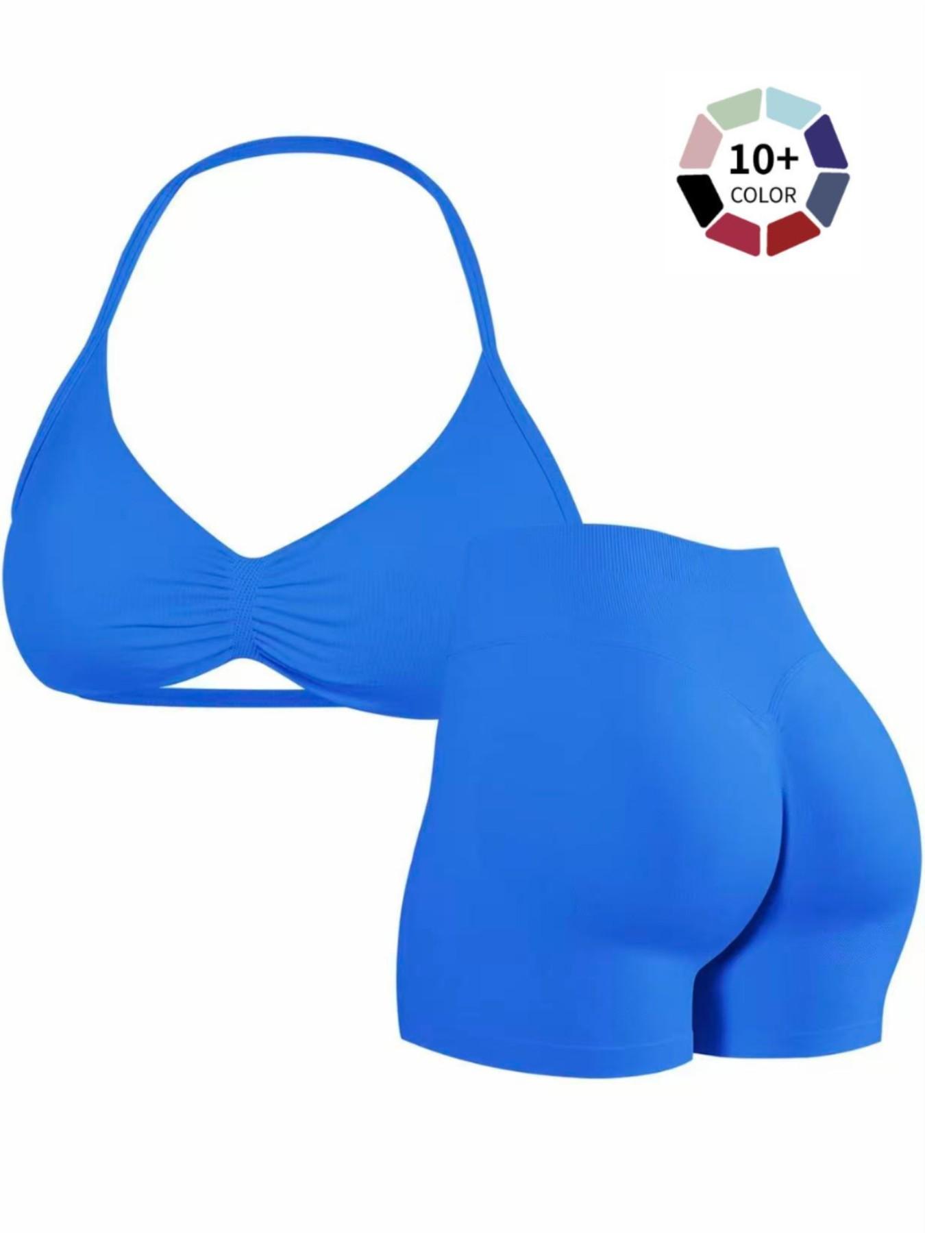 Women's Two-Piece Set, Solid Color Halter Top & High Waist Shorts, Sporty Breathable Quick-Dry for Yoga Gym Workout Running