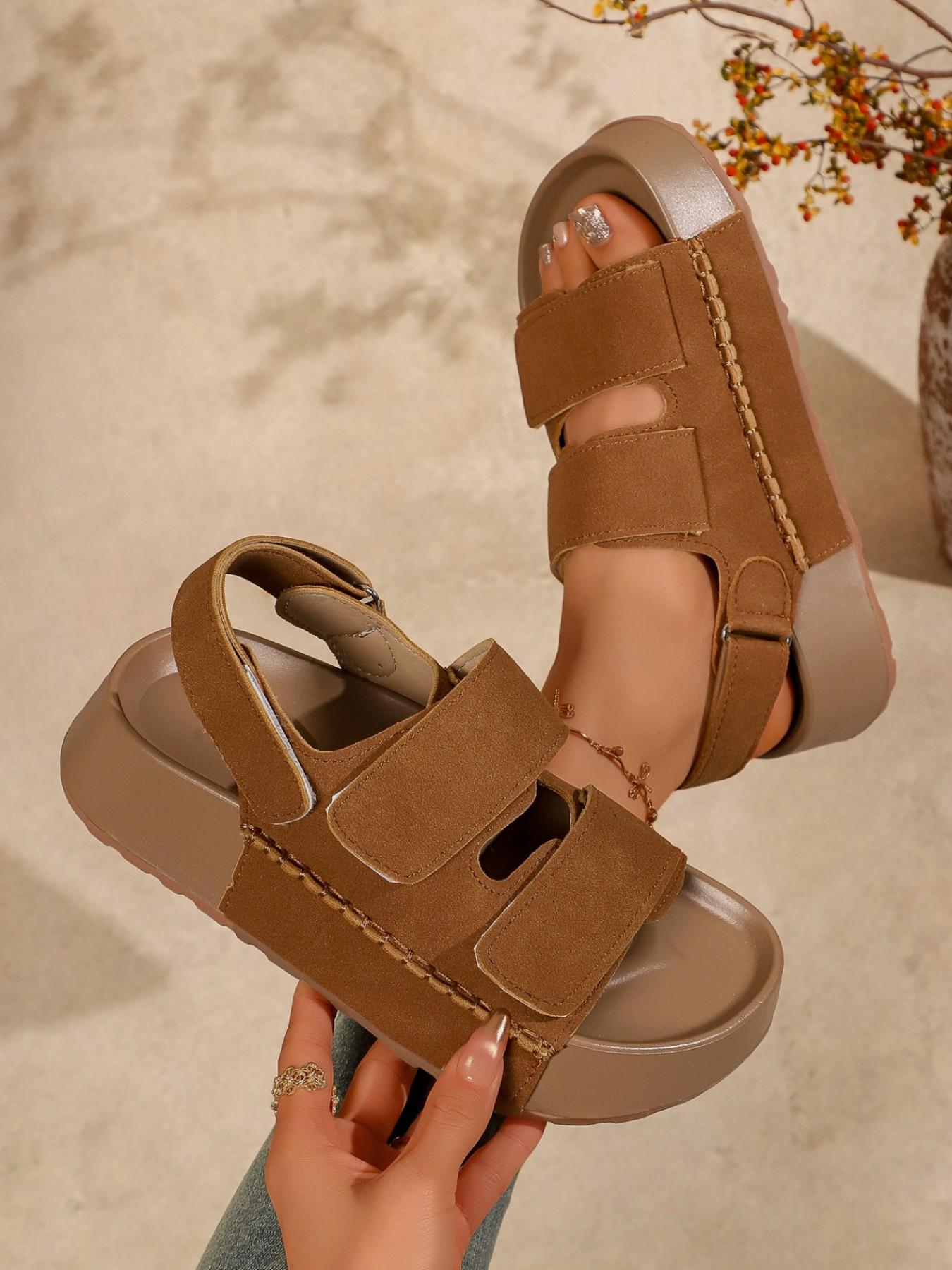 Summer Boken Thick Sole Sandals for Women, 2026 New Velcro Platform Shoes, Vintage Textured Heel, Casual Beach Footwear