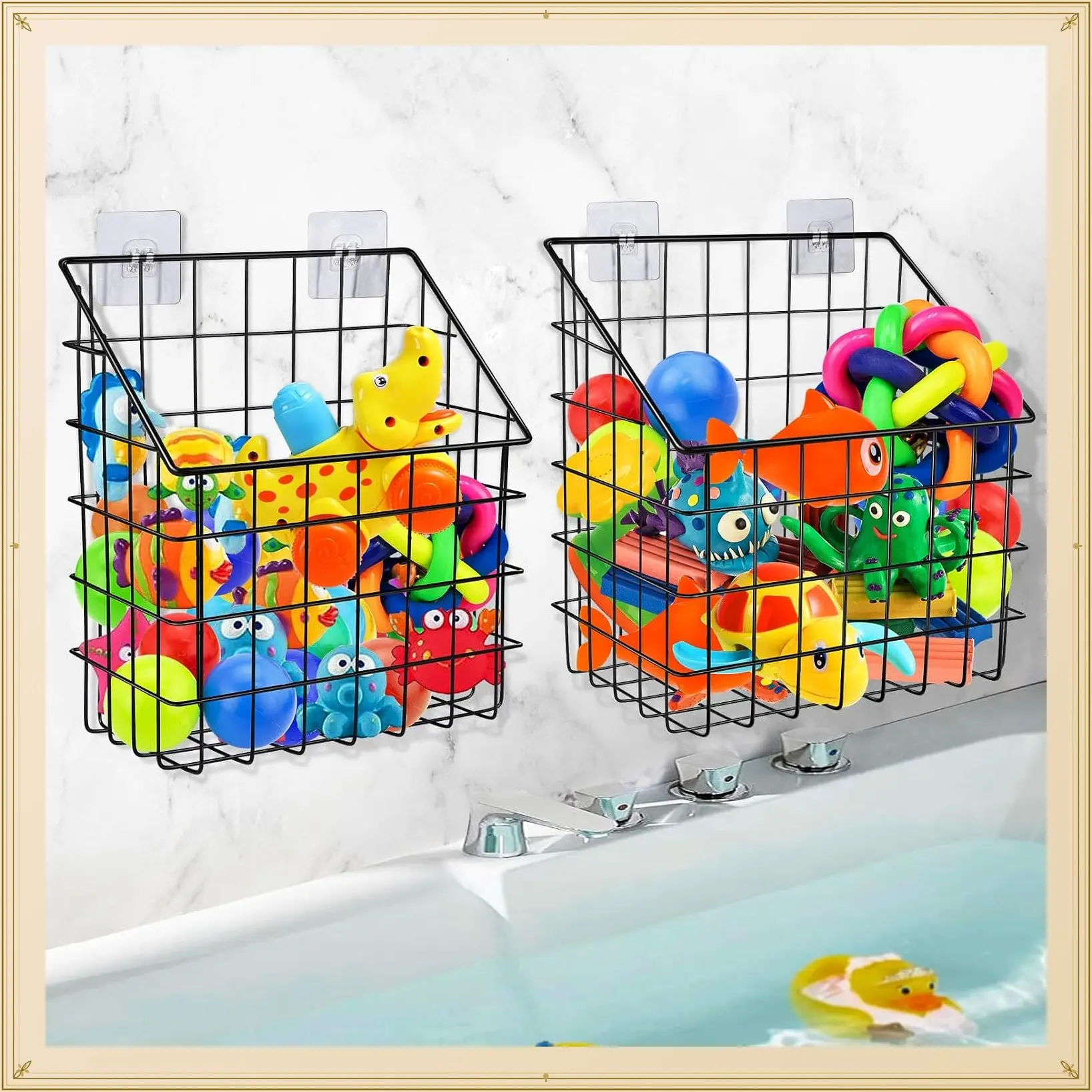 2 Pack Large Rustproof Metal Wire Bath Toy Storage Basket, Wall Mounted Hanging Bathtub Organizer, Bathroom Shower Caddy for Tub Toys & ToiletriesGift
