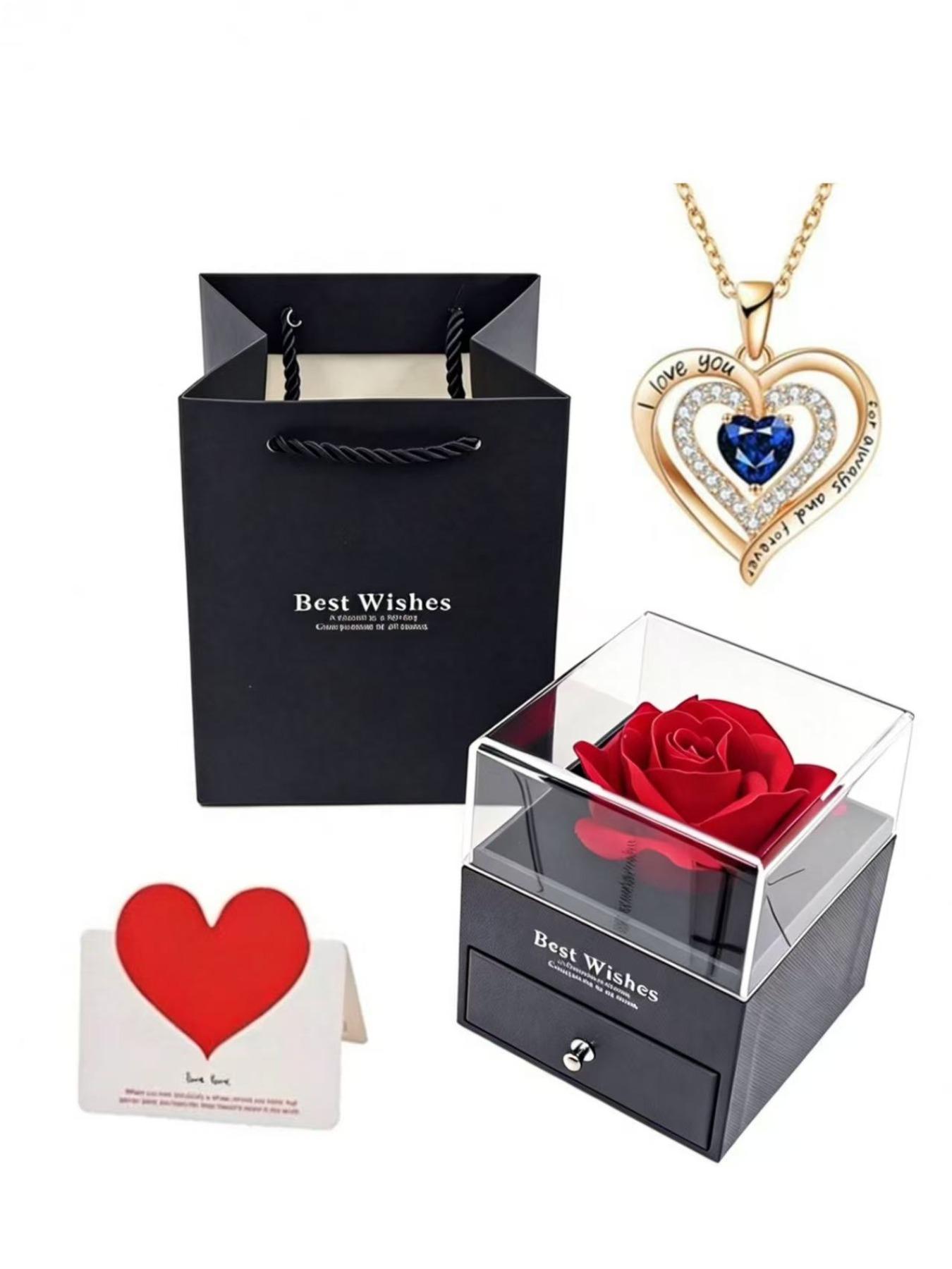 Heart-Shaped Gemstone Necklace Rose Flower Gift Box, Valentine's Day Gift for Girlfriend, Mother's Day Gift for Mom, Love Expression Gift