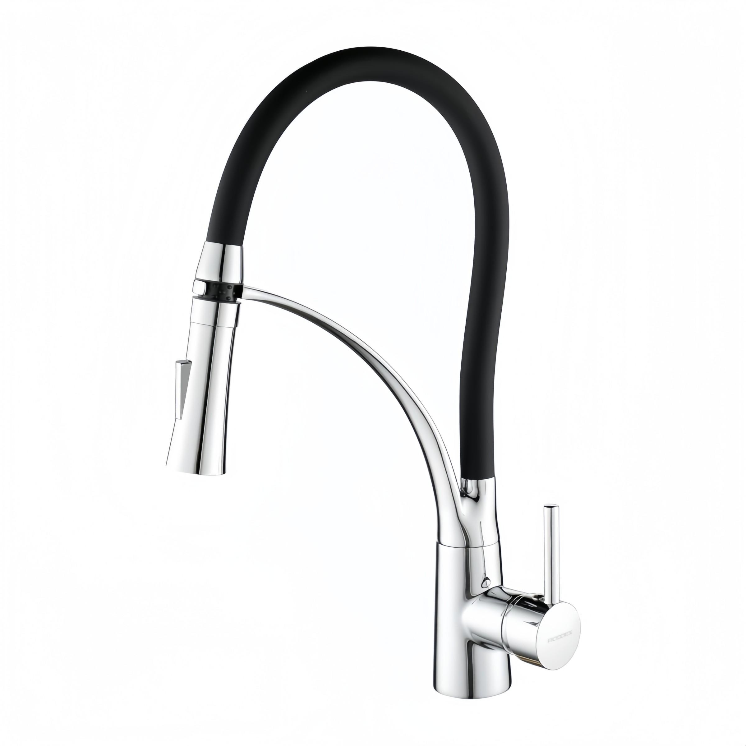 Extractable Kitchen Faucet Flexible Silicone Sprayer, Single Handle Pull-Down Brass Goose Neck, Modern High Arc, Polished Chrome Rubber Nozzle Hose