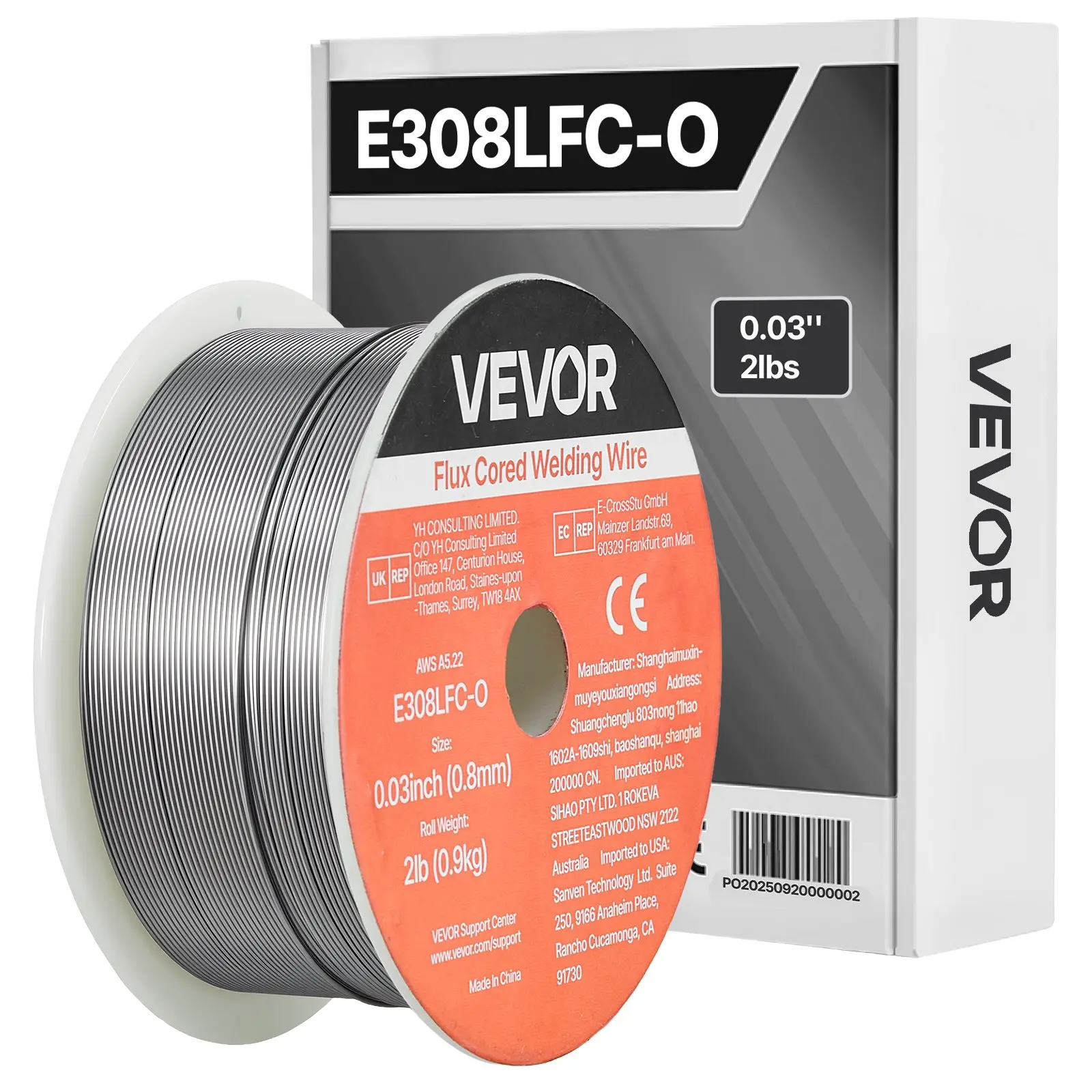 VEVOR Gasless Fluxcore MIG Welding Wire Spool, E308LFC-O 0.03-inches 2 LBS, Low Spatter for All Position Arc Welding, Self-Shielded for Outdoor Use
