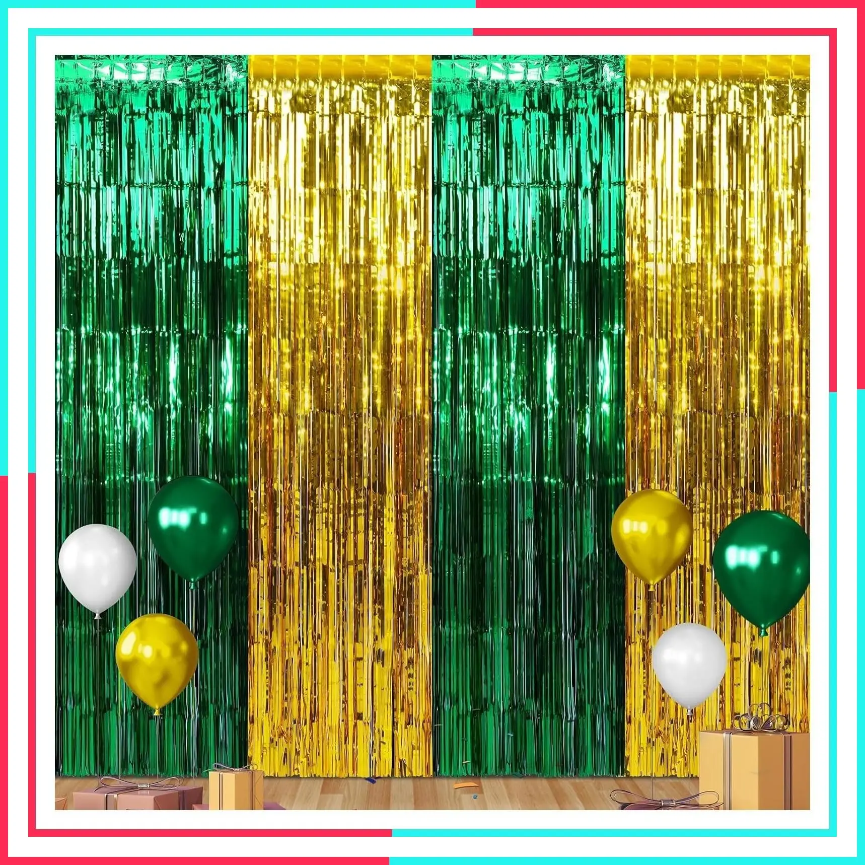 6 Pack 3.3ft x 6.6ft Graduation Foil Fringe Curtain Backdrop, Green Gold Metallic Tinsel Streamers Photo Booth Background for Prom Wedding Birthday Party Decoration