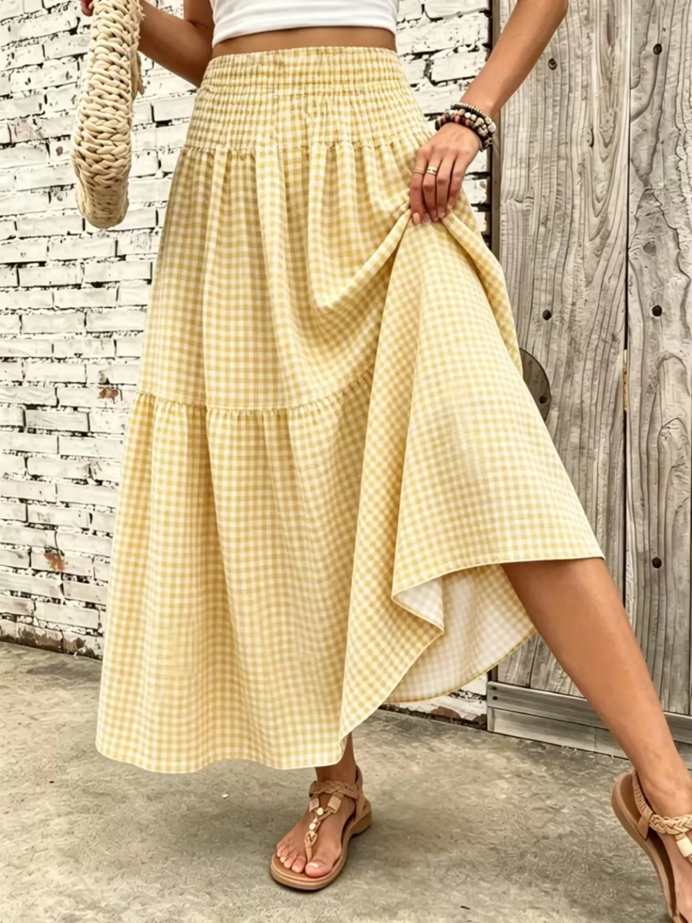 High-Waisted Gingham Midi Skirt, Asymmetrical A-Line Summer Dress, Vintage Casual Women's Skirt, Cottagecore#GinghamSkirt #CottagecoreOutfit #AsymmetricalSkirt #SummerMidiSkirt