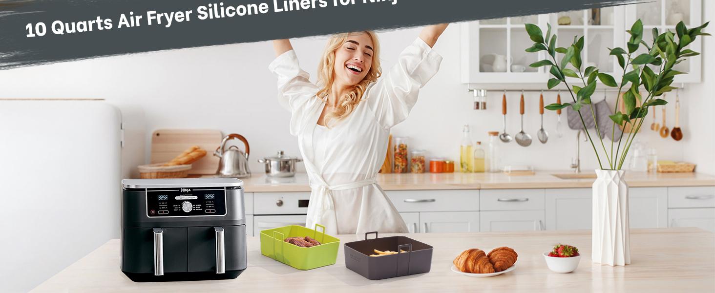 Air Fryer Liners 10QT For DZ550/DZ401, 2 Pack BPA Free Air Fryer Basket Liner with Handle, Rectangle Dual Basket Air Liners,