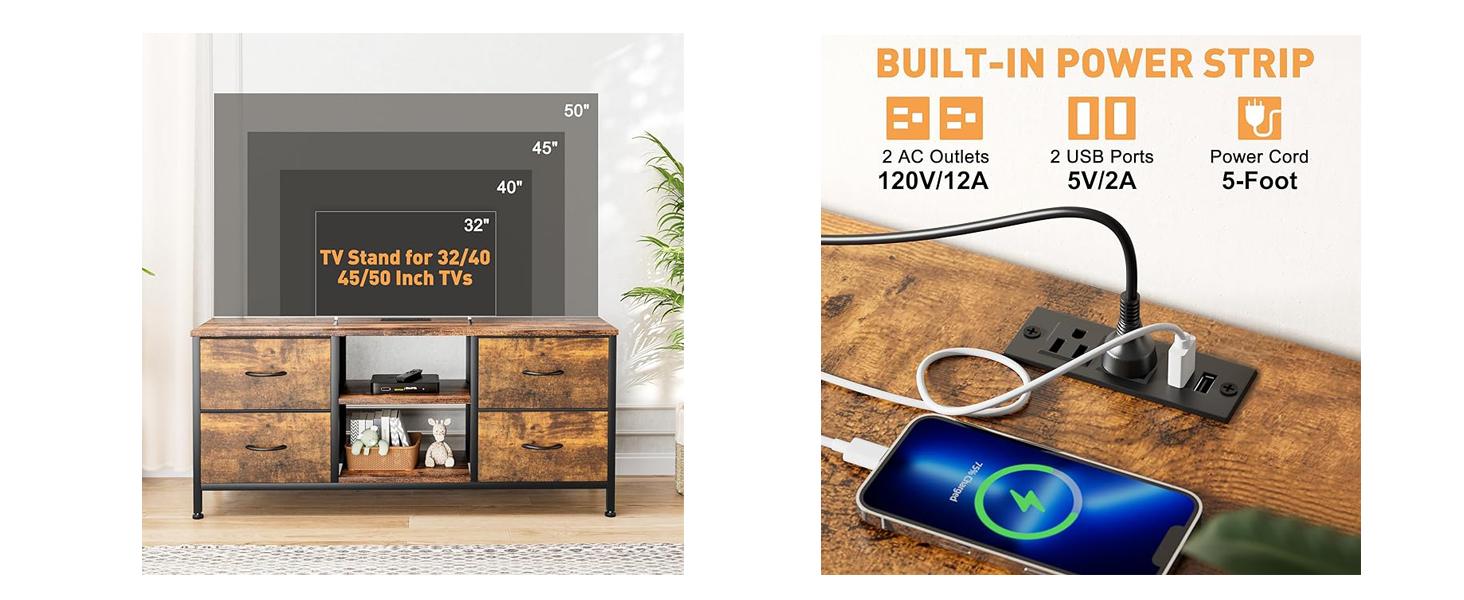 Aowos Dresser TV Stand for 50/55 inch TV, Wide Dressers & Chests of Drawers with Charging Station & 4 PU Drawers Storage, Console Sofa Table for Bedroom, Living Room Aowos Dresser TV Stand for 50/55 inch TV, Wide Dressers & Chests of Drawers with Charging Station & 4 PU Drawers Storage, Console Sofa Table for Bedroom, Living Room