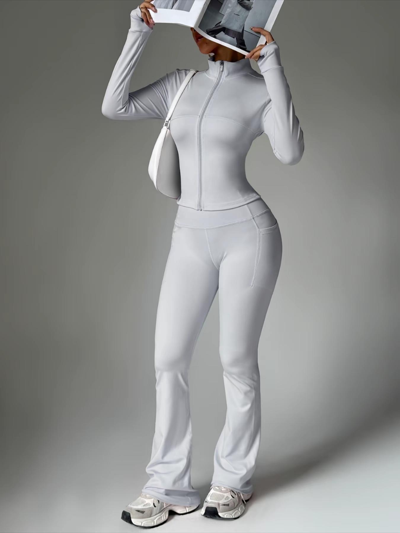 Women's Solid Color Zipper Jacket & Pocket Flare Pants Set, Athleisure Wear Set, Perfect for Yoga & Gym & Outdoor Use, Comfortable Breathable Outfit for Autumn Winter