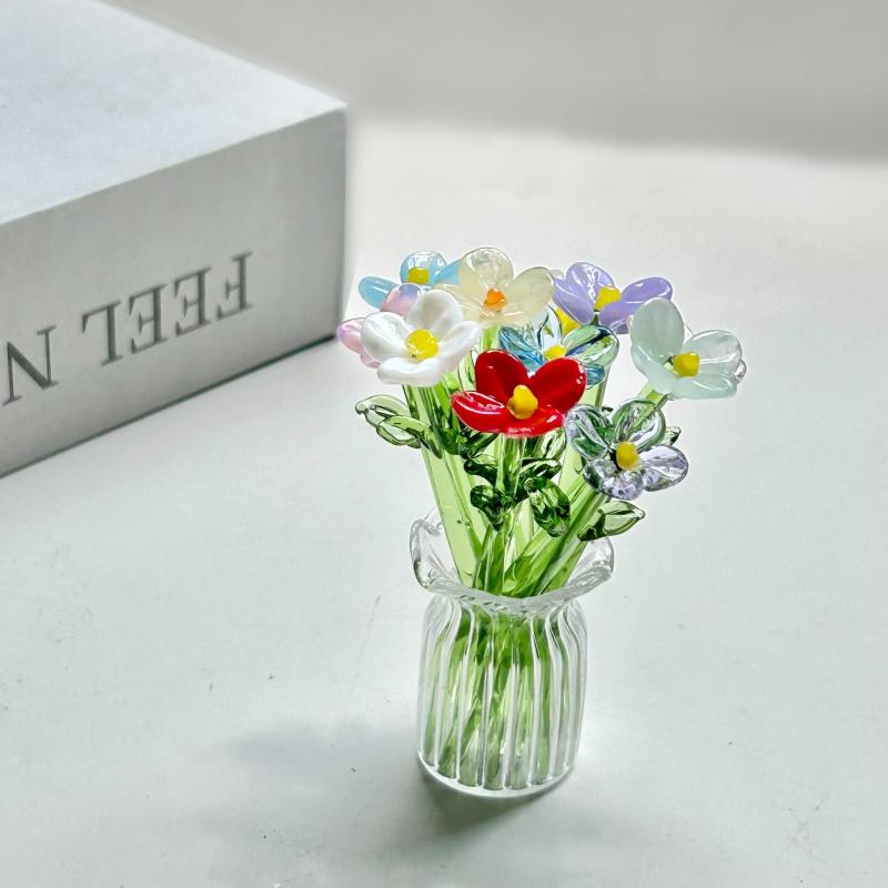1/2/4/6/11PCS/SET Creative Mini Glass Flowers with Vase European Style Decorative Small Vase Set Elegant Crystal Clear Transparent Floral Bouquet Vase Office Desk Decor For Birthday Anniversary Mother's Day Handmade Glass Flower Bouquet Small Flower Gift
