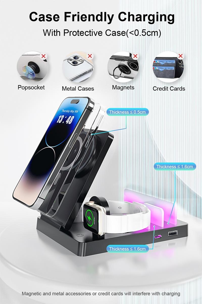 Smart Multi-Device Fast Wireless Charging Station, Foldable Charger Stand, Smart Charging Dock, Compatible with iPhone Samsung Series Apple Watch, Lightweight USB Design