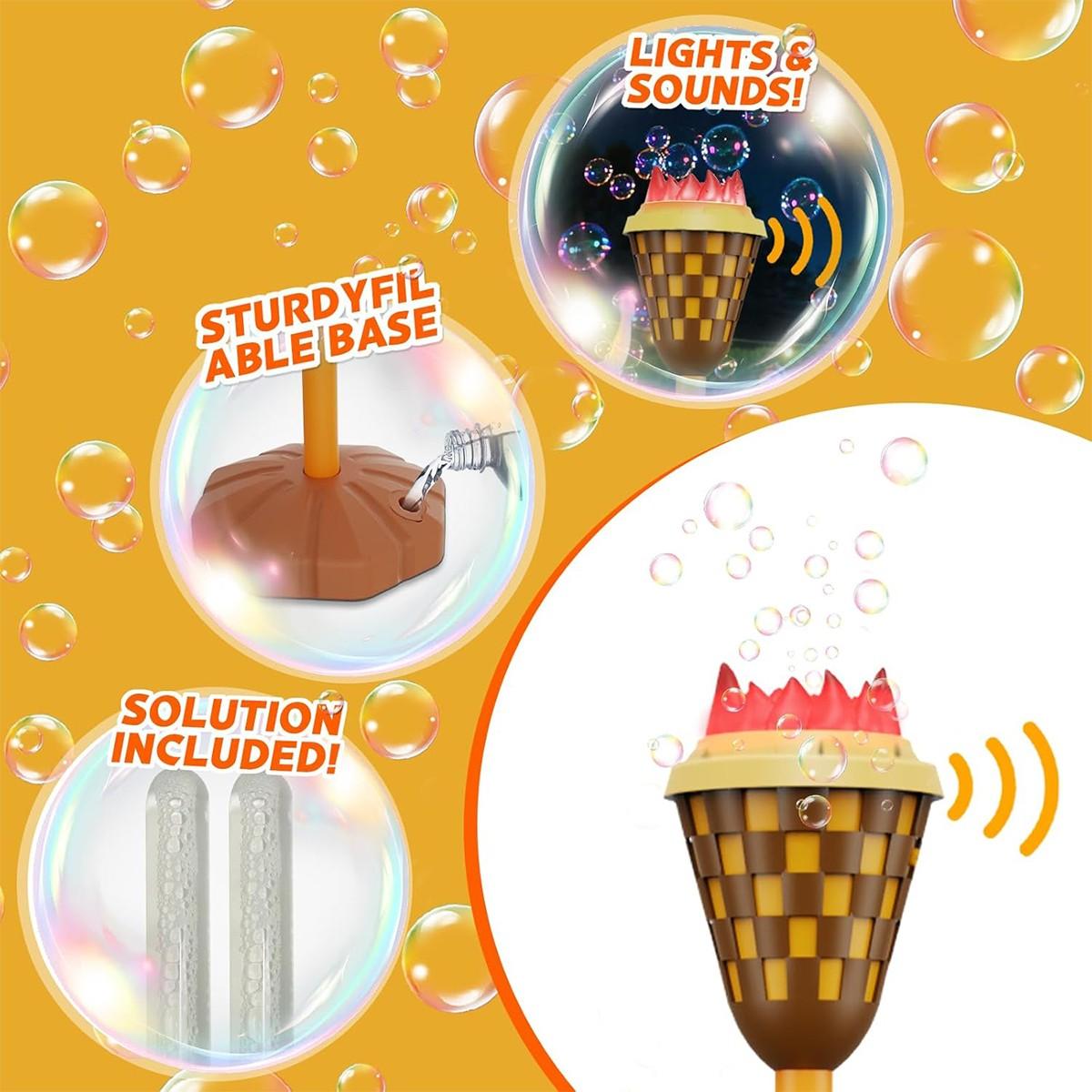 Simulated Torch Bubble Machine with 1 Bottle 100ML Bubble Liquid, Adjustable Height, Light Sound Effect, Handheld Standing Dual Use