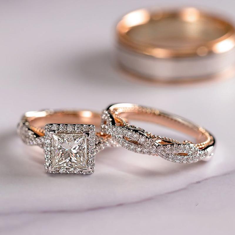 Women's 3-Piece Rose Gold-Plated Cubic Zirconia Bridal Ring Set, Stackable Wedding Ring with Sparkling Bands, Multi-Size All-Seasons Engagement Promise Gift for Wedding Anniversary