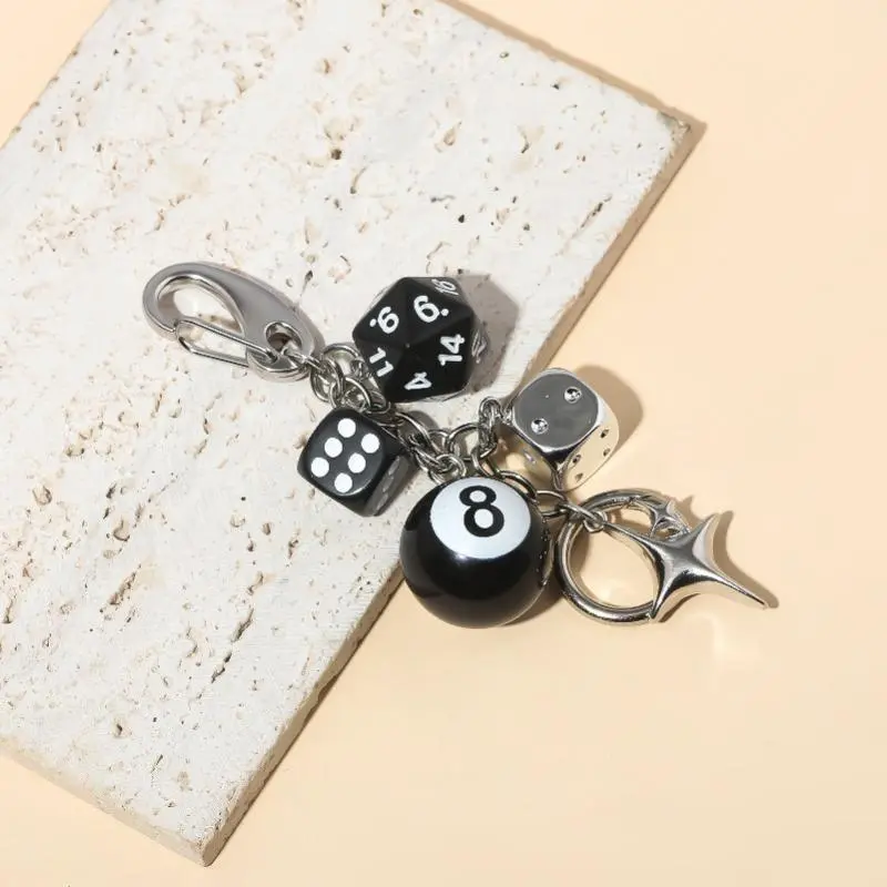 Vintage 8 Ball & Dice Bag Charm, Edgy Streetwear Keychain for Women's Backpack or Purse, Durable & Lightweight Billiard Accessory, Pool Ball, Retro, Dark Mode
